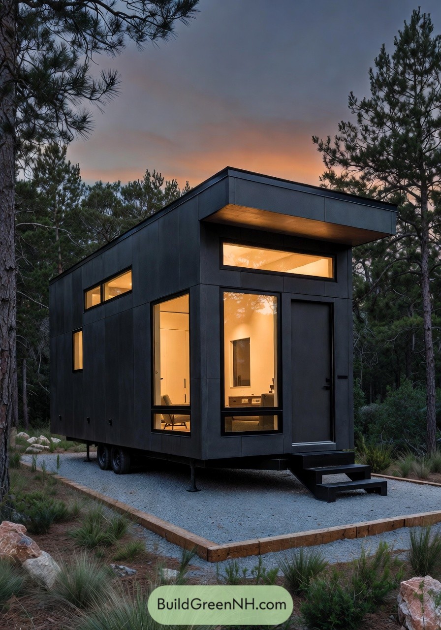 Modern black tiny house with large windows glowing in a forest clearing at dusk