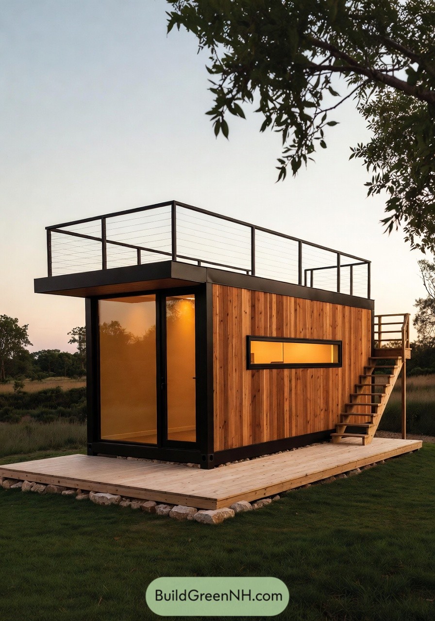Compact cedar tiny house with rooftop deck and side stairs in a grassy field at sunset