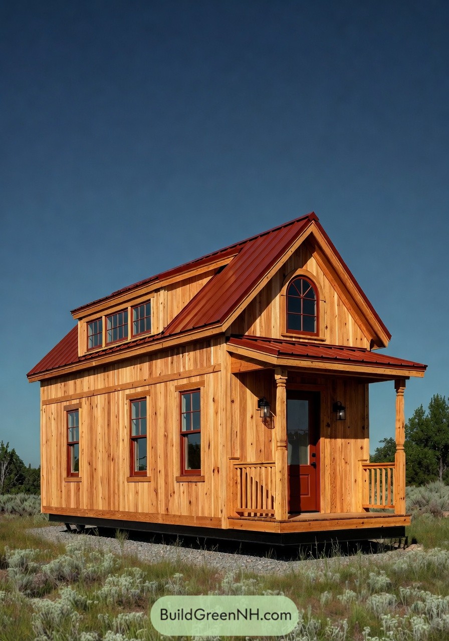 Tiny gabled prefab cabin with cedar siding and red metal roof in an open field