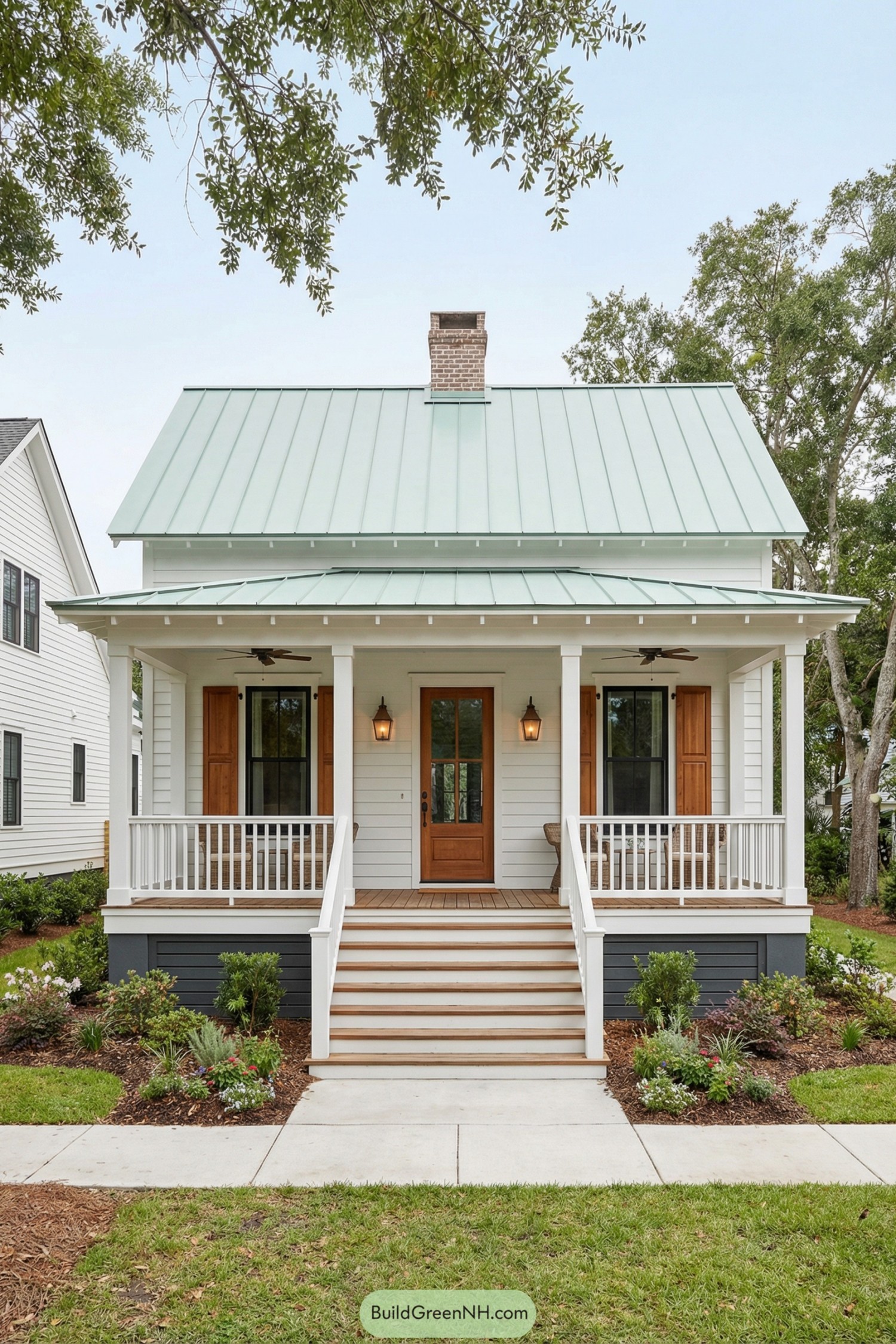 Small white cottage with mint metal roof and welcoming front porch