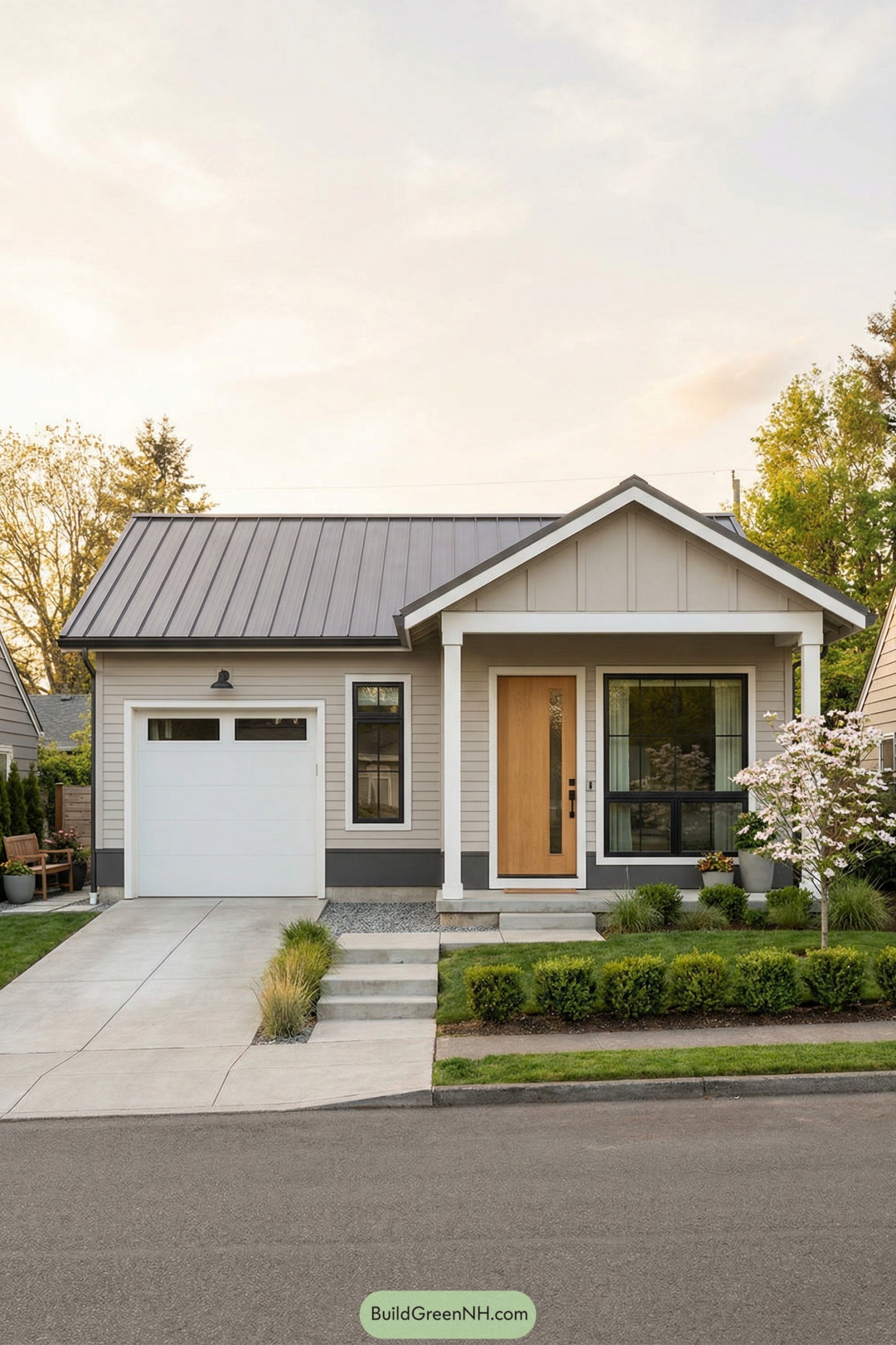 Compact single story house with gable roof, front porch, and attached one car garage