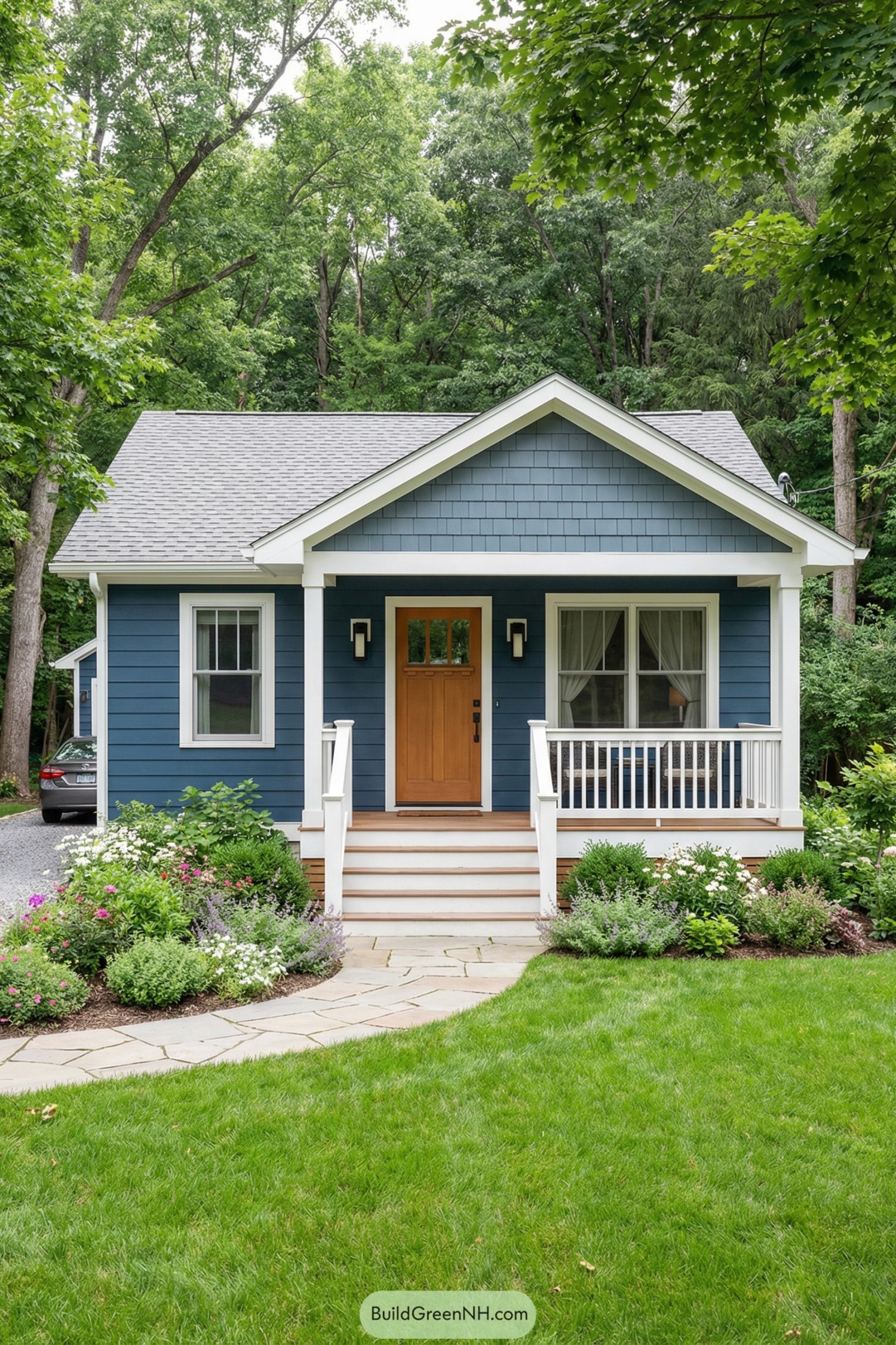 Small blue cottage with front porch and garden path