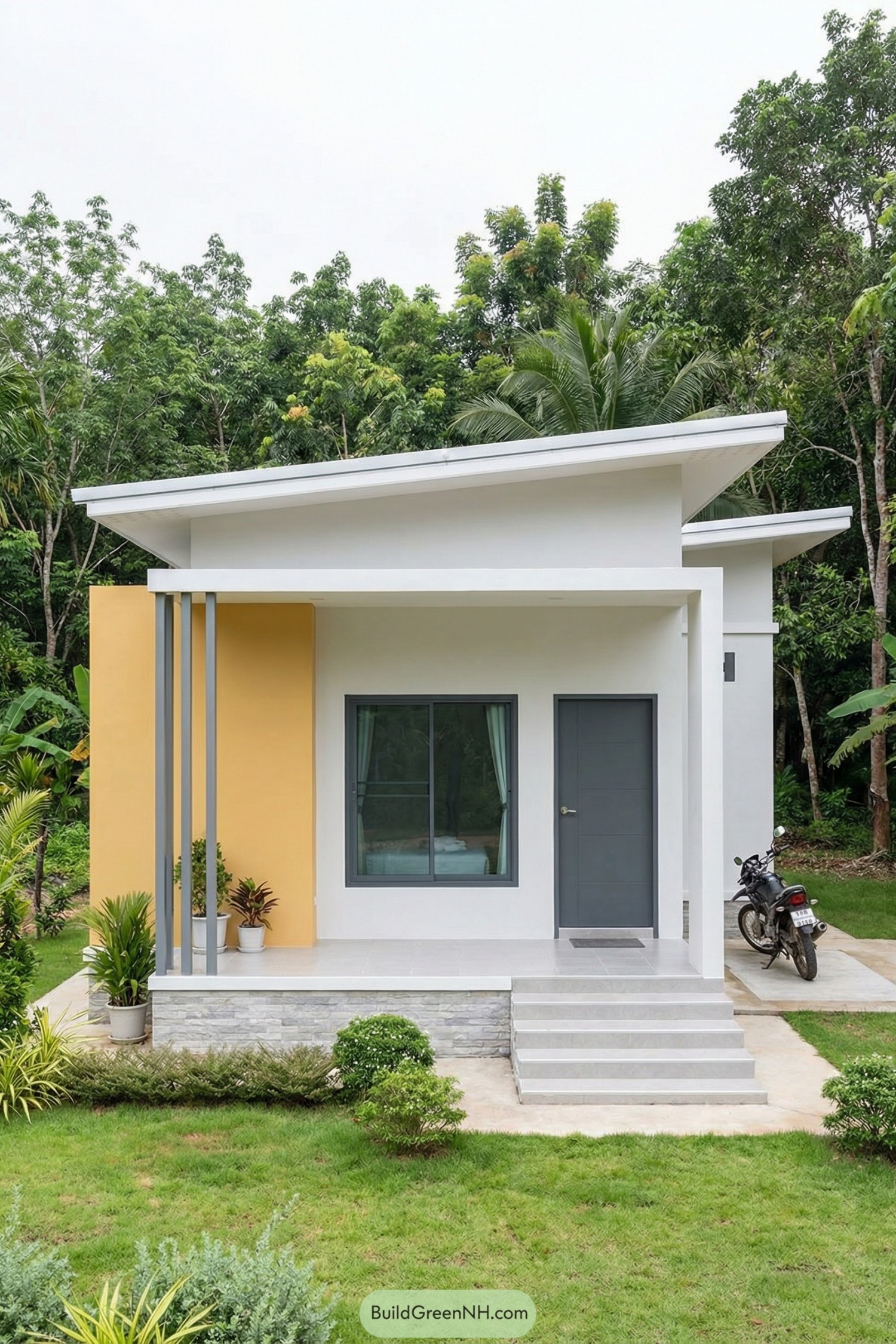 Small white modern cottage with slanted roof and yellow accent wall in a lush green yard