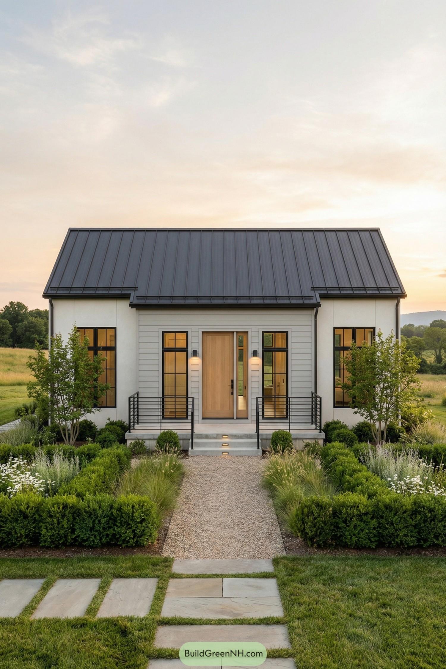 Compact white cottage with black metal roof, tall windows, and manicured front garden path