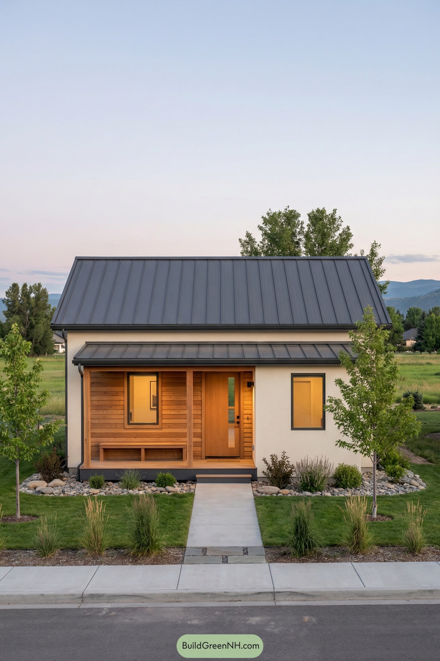 Small modern cottage with dark metal roof and warm wood front porch surrounded by simple landscaping
