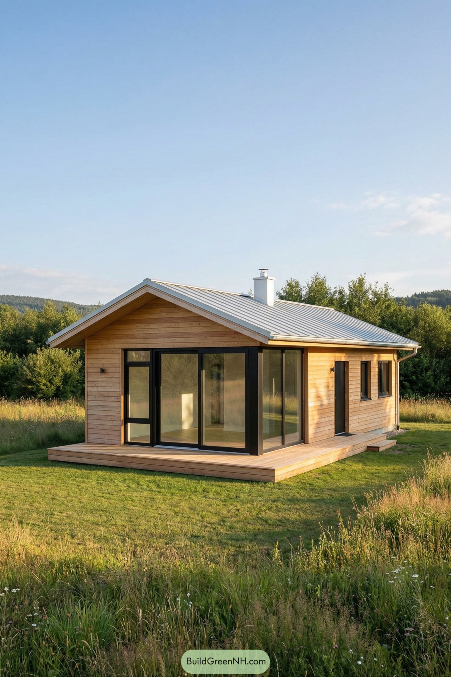 Small wood cabin with big glass walls in an open field
