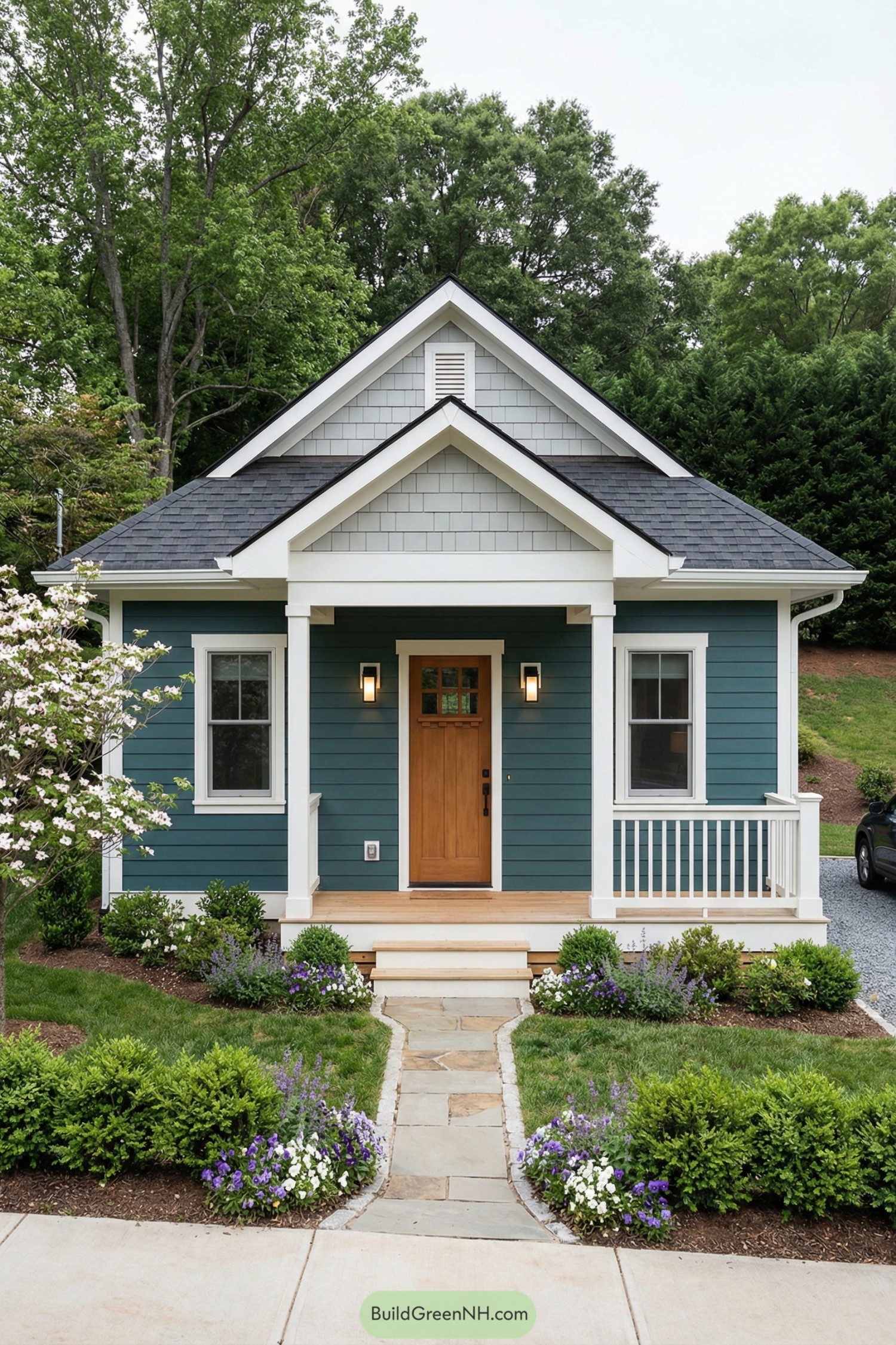 Compact teal cottage with gable roof, front porch, and lush flowered walkway