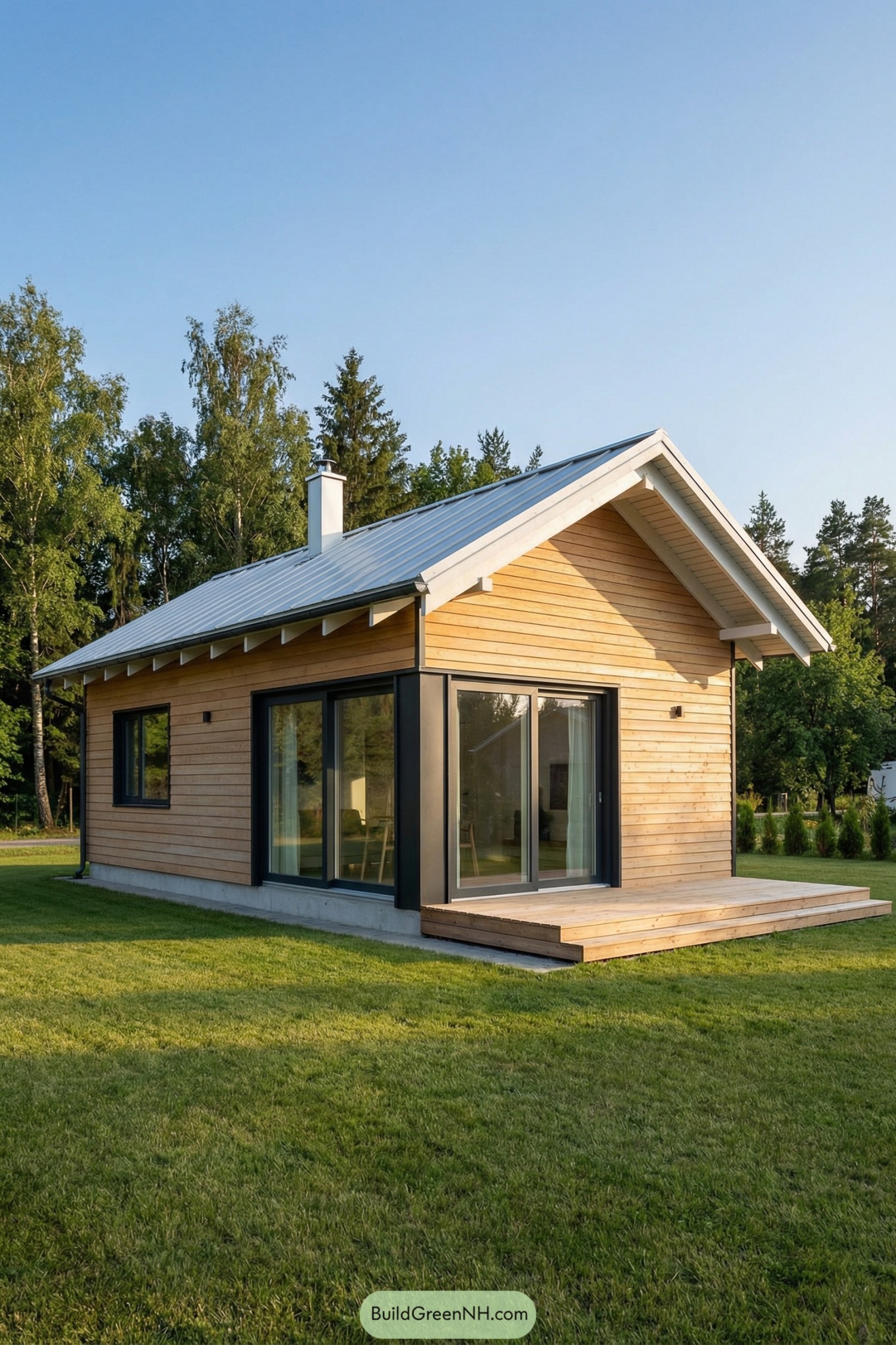 Small wood clad cottage with metal roof and large sliding glass doors opening to a deck