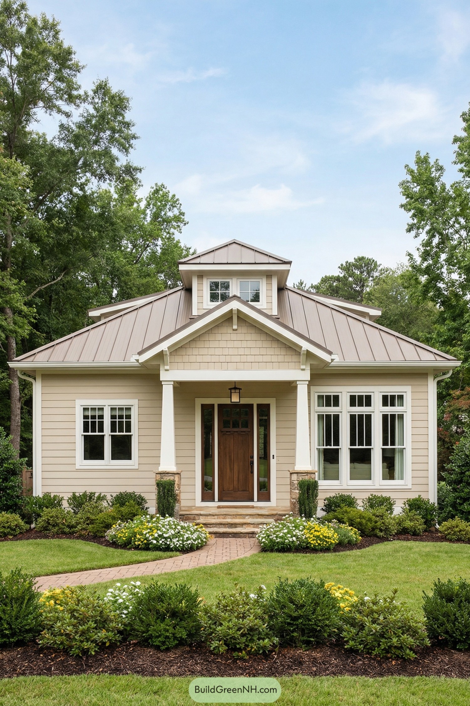 Small beige cottage with metal roof and front porch surrounded by lush landscaping