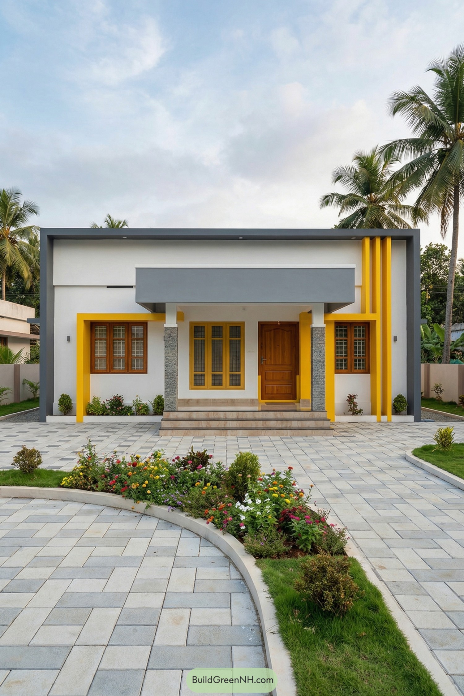 Single story modern house with gray and yellow facade and paved front yard garden