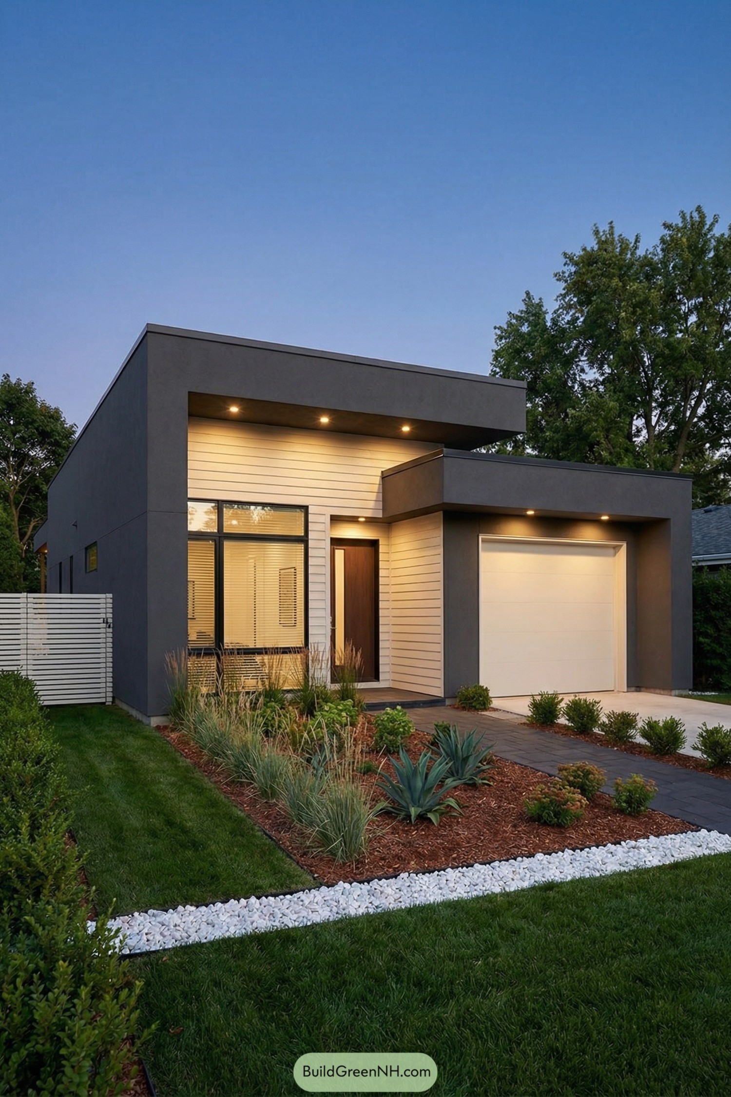 Modern single story house with flat roof, gray and white exterior, and minimalist front yard landscaping