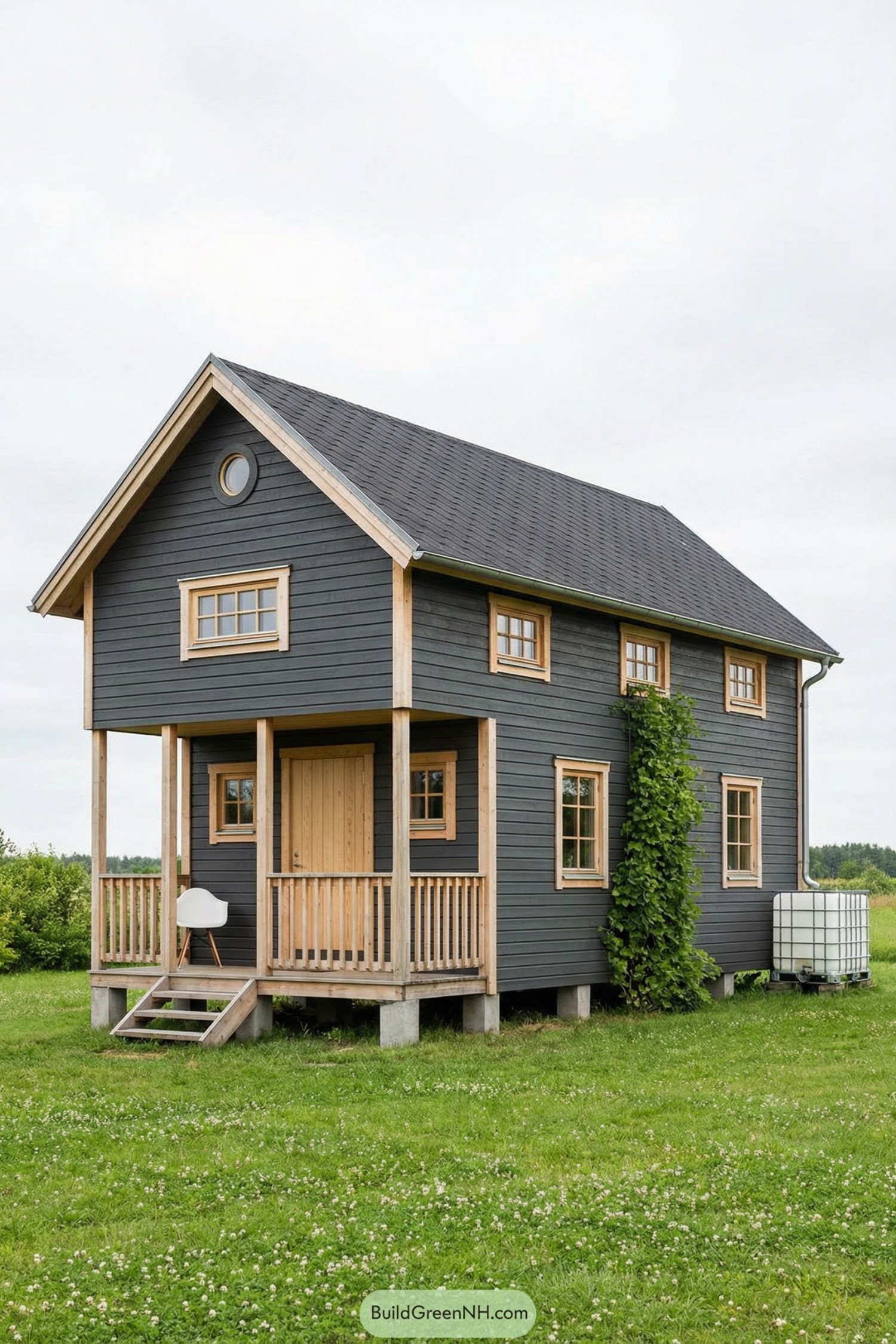 Modern dark wood cabin with porch