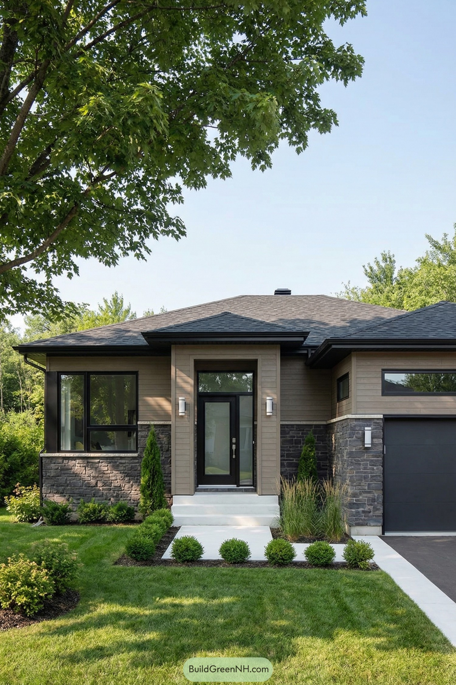 Modern single story house with stone and wood exterior surrounded by lush landscaping