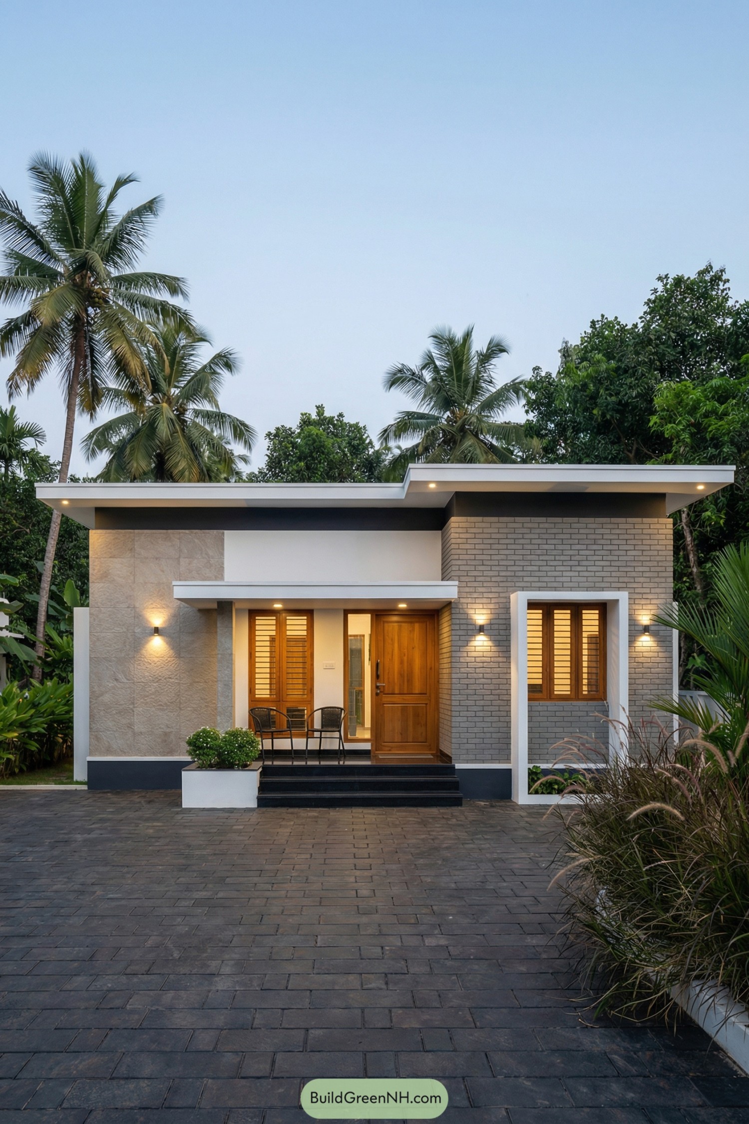 high-res photo of small single floor house, modern minimalist facade with clean horizontal lines and a balanced asymmetrical composition, front face divided into three volumes with a central recessed entrance block and two projecting side masses, exterior colors in warm light gray textured stone, medium gray brick cladding, and smooth white painted bands with dark charcoal plinth, compact rectangular shape with slightly stepped front planes creating depth, walls finished in a mix of stone tiles, face brick, and smooth plaster, flat slab roofing with thin extended white eaves and layered parapet bands forming shallow canopies, warm-toned wooden framed windows with horizontal slat shutters and clear glass, rectangular proportions and simple white slab eyebrows above select windows, solid wooden main door in natural teak color with vertical panels and a narrow glass side strip, small front porch with dark tiled steps, minimalist white planter box and two black metal-framed chairs, outdoor area paved with dark stone blocks forming a wide driveway and forecourt, low lawn edges with neatly arranged shrubs and ornamental grasses near the entrance, tropical landscaping with tall coconut palms and dense green foliage around the perimeter, white boundary wall partially visible behind plants, evening setting with soft ambient lighting and recessed spotlights washing the facade and highlighting textures, calm clear sky in pale blue creating a serene backdrop, overall composition focused on an elegant contemporary small single floor house set in a lush tropical garden, small single floor house, real-life photo, high-resolution, architectural photography, soft lighting, cinematic composition.