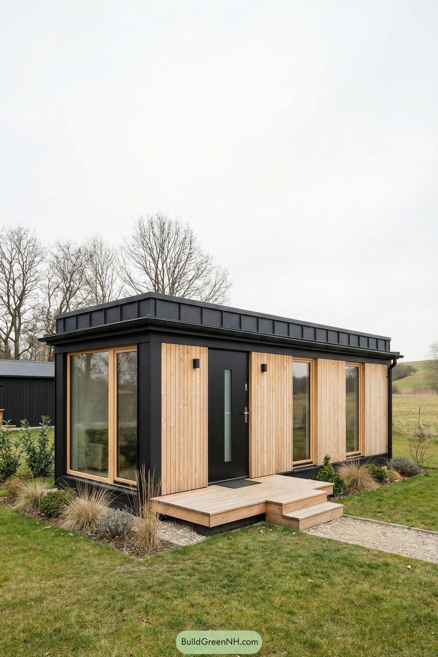 Compact black and wood modern tiny house with large windows in a grassy yard