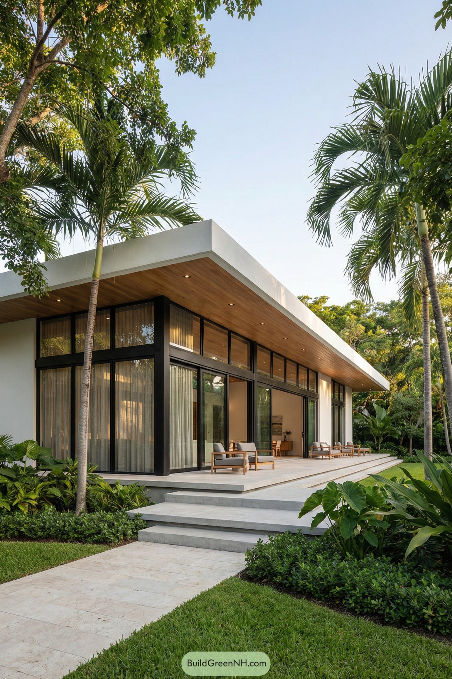 Modern single story house with long glass façade and deep wood soffit overlooking a lush tropical garden