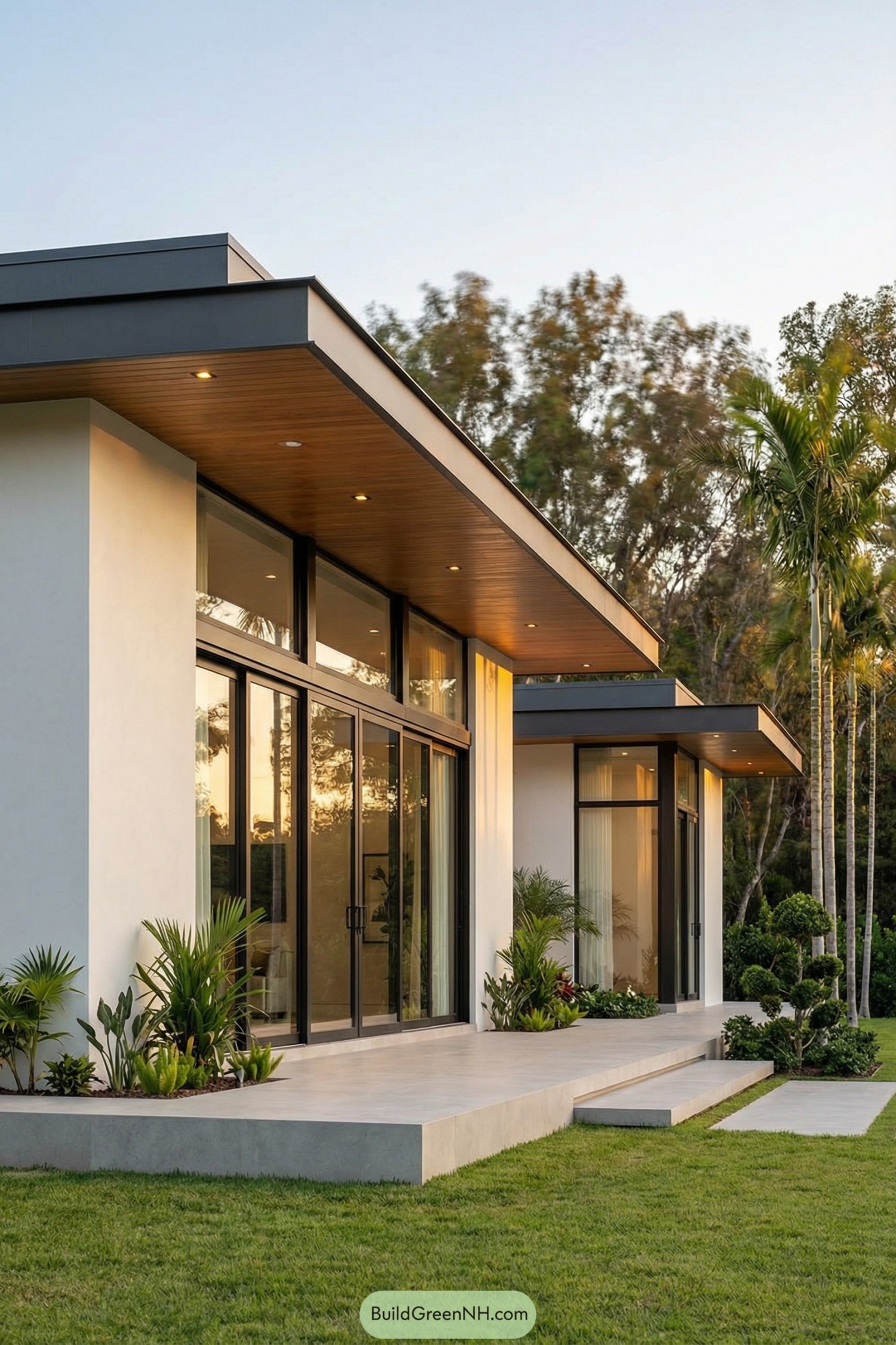 Modern single story house with flat roof, large glass doors, and minimalist patio in a tropical yard