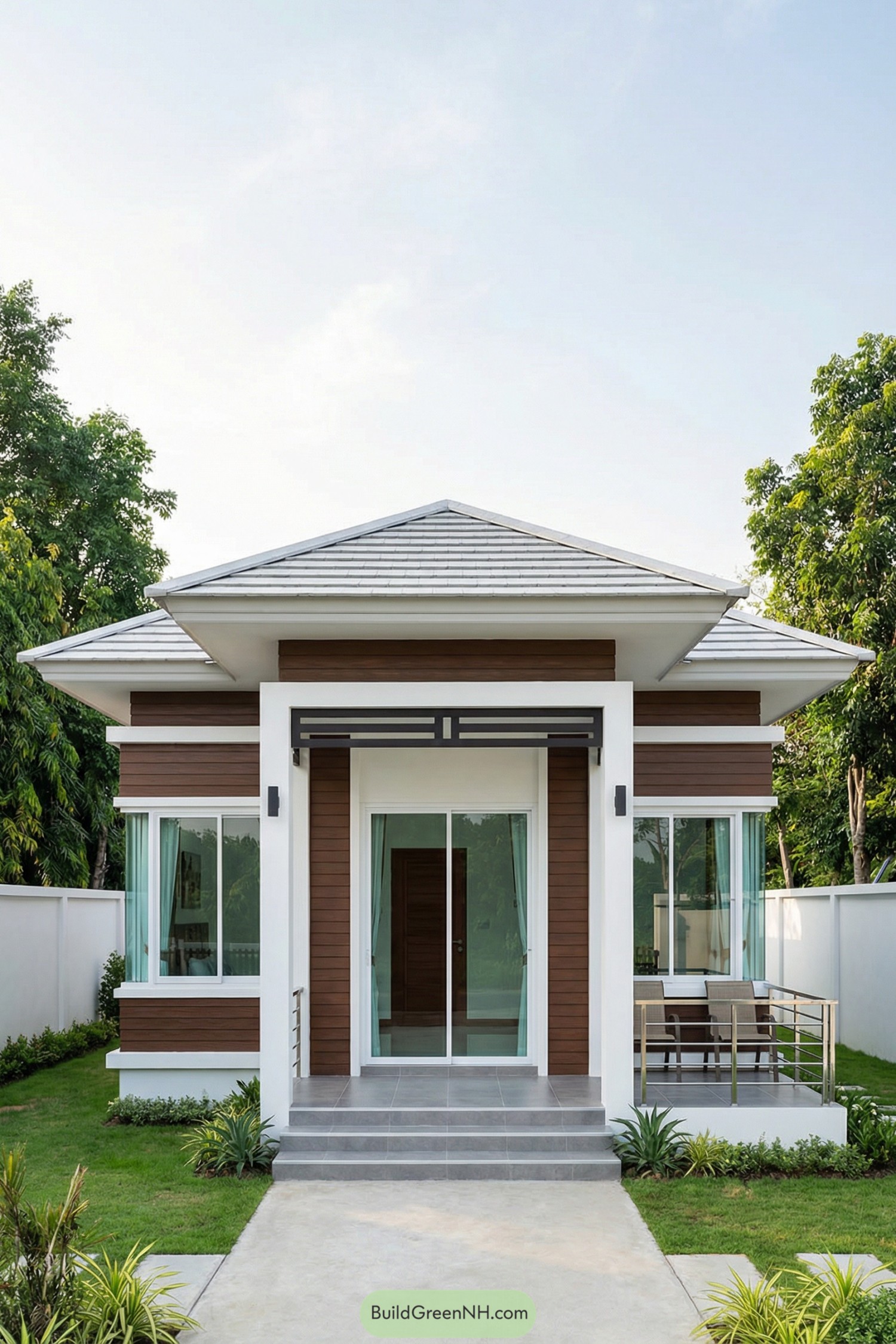 Compact modern single story house with wood accents and large windows