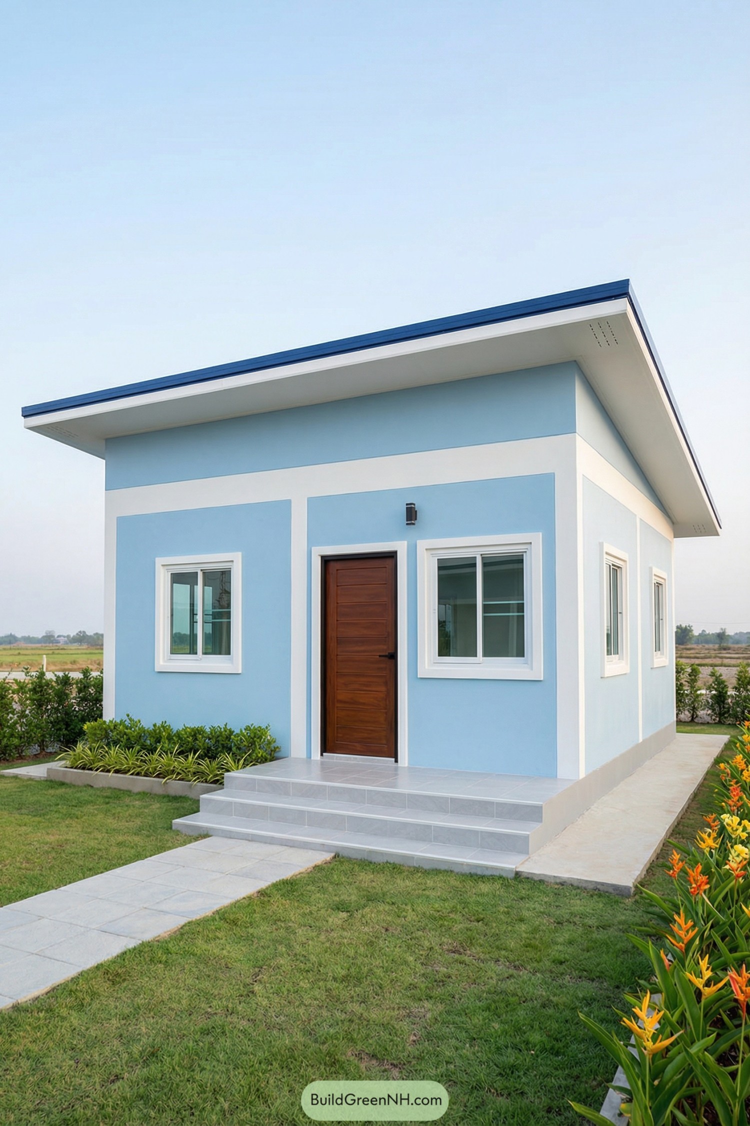 Small blue single story house with white trim and a sloped roof, set in a simple landscaped yard