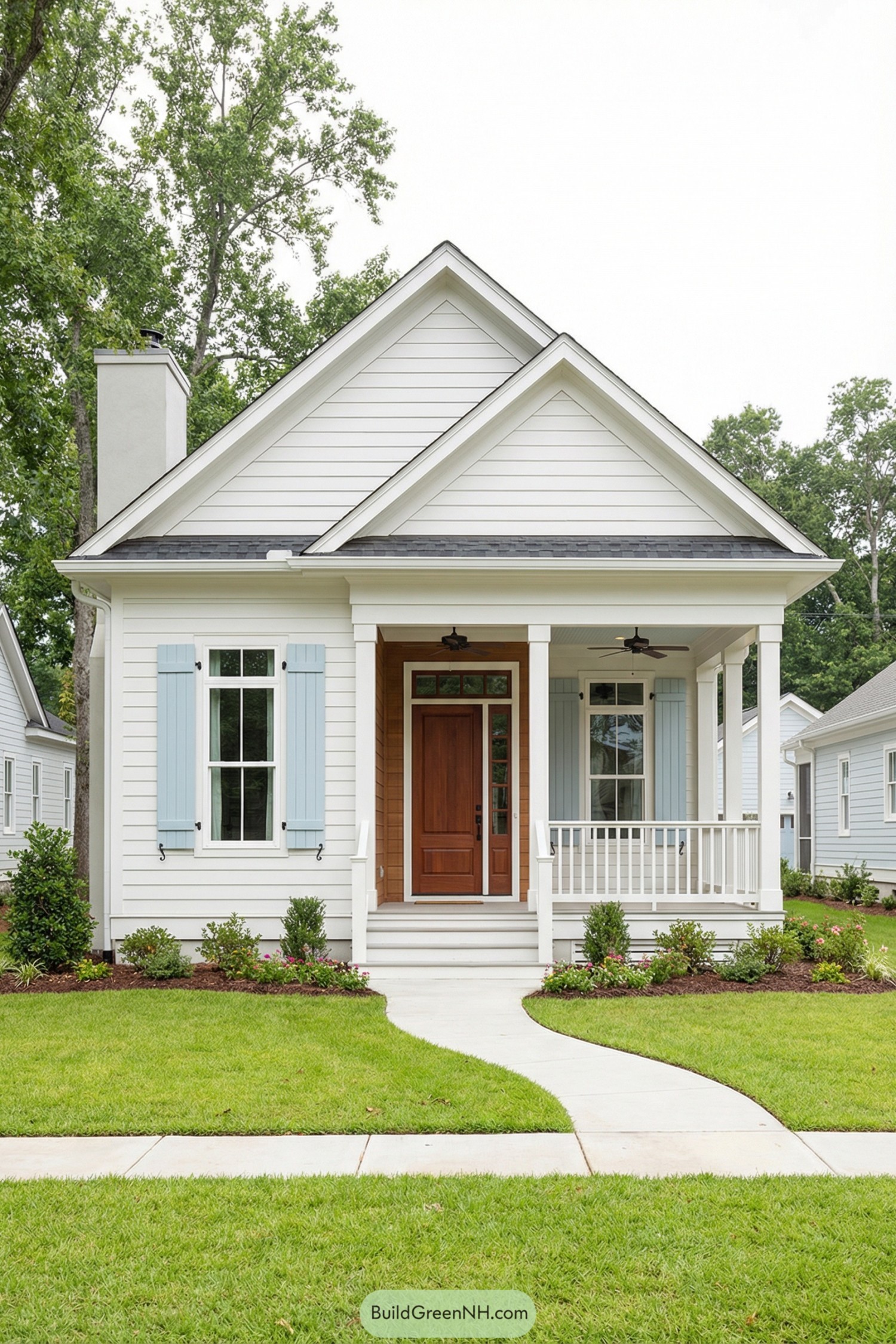 Small white cottage with front porch