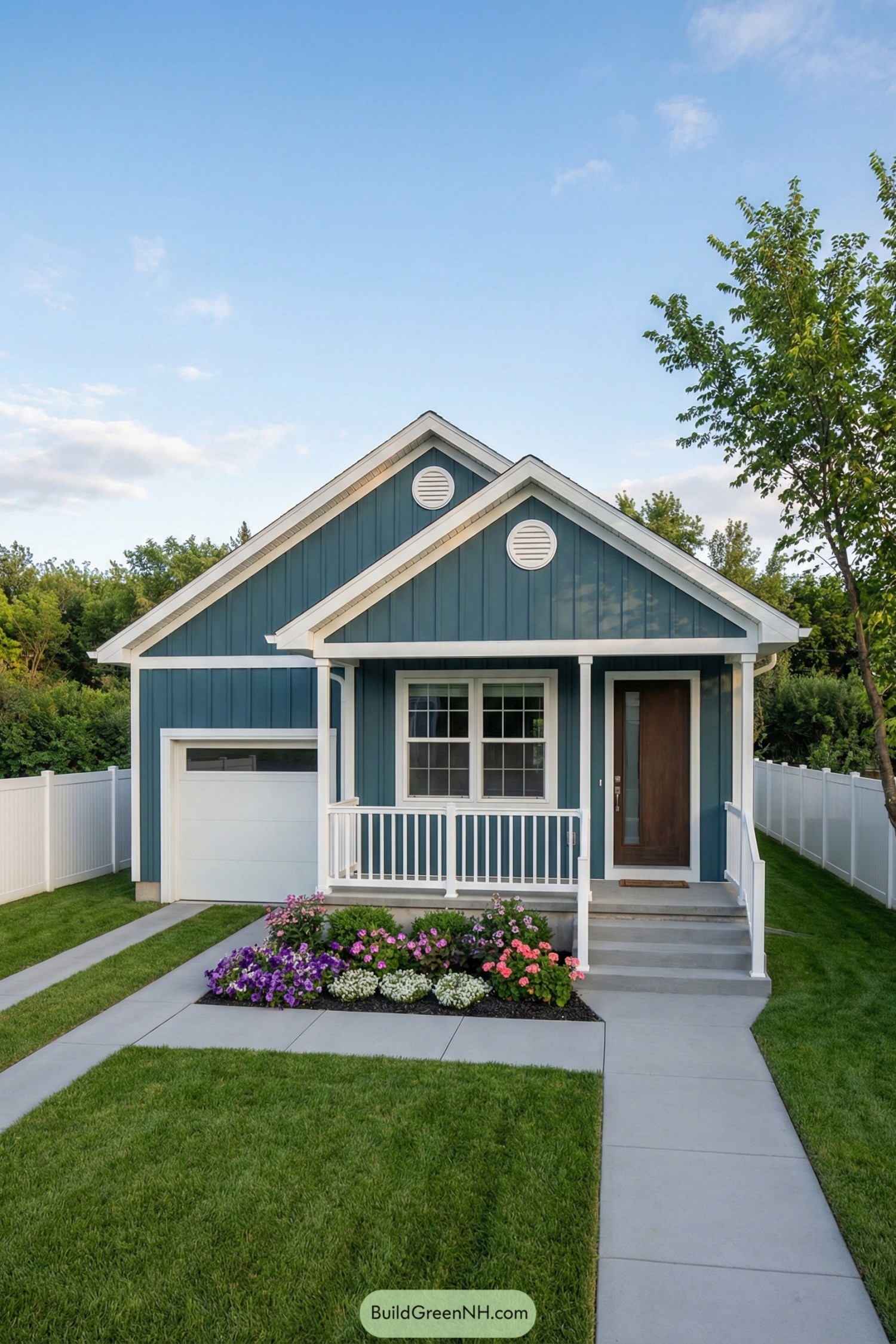 Small blue single-story house with front porch and attached garage