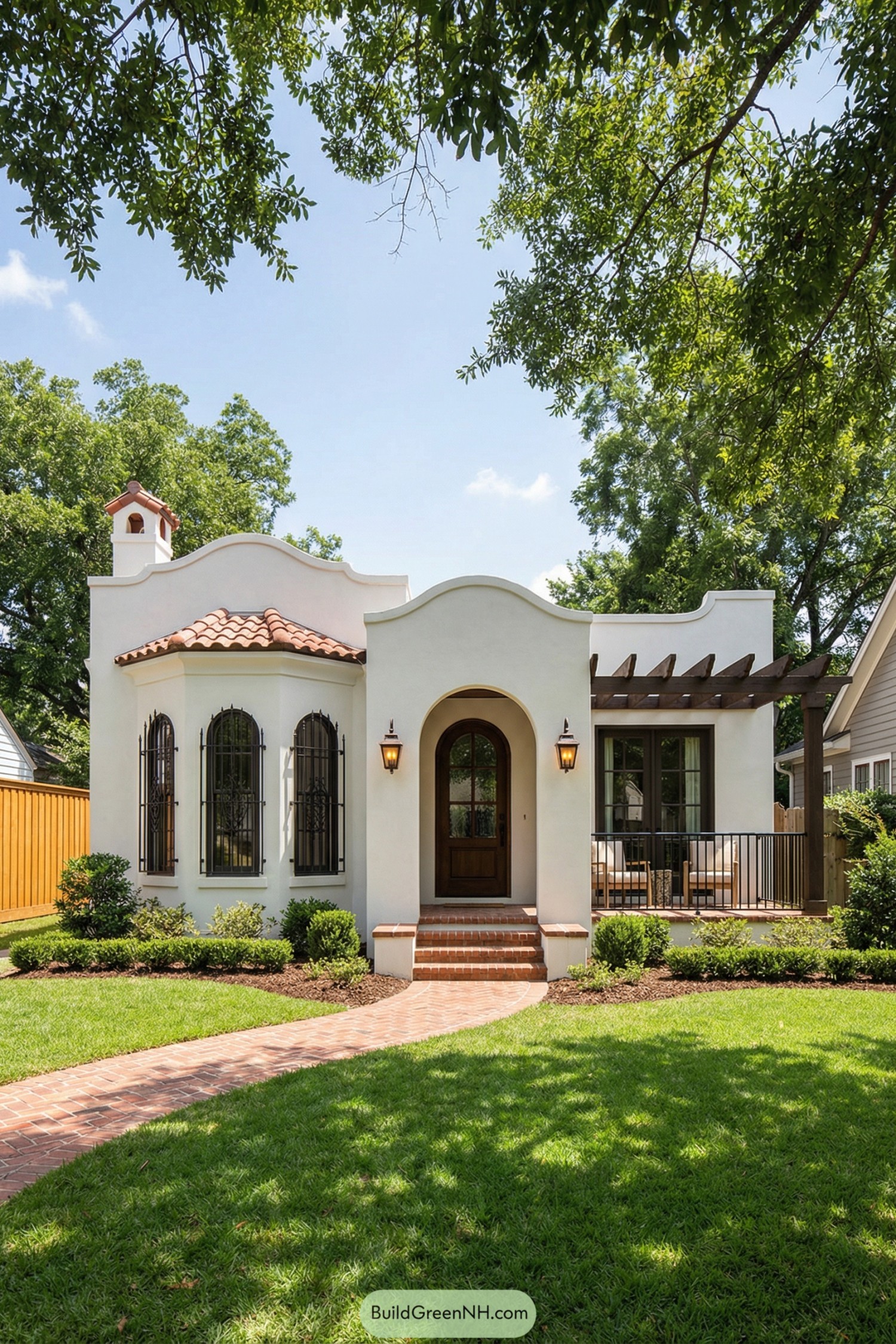 Small white stucco Spanish-style house with curved parapet, clay tile roof, arched door, and side pergola porch framed by a brick path and lush lawn