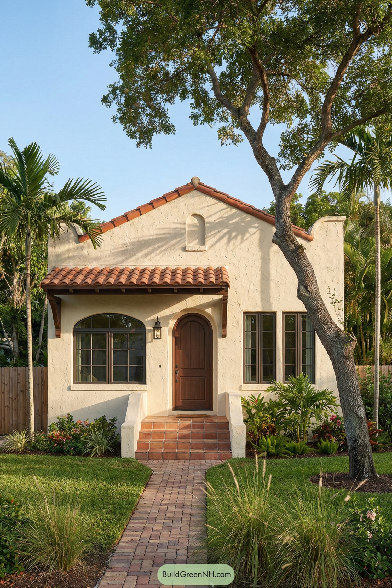 Small stucco Spanish house with tiled roof and lush front garden
