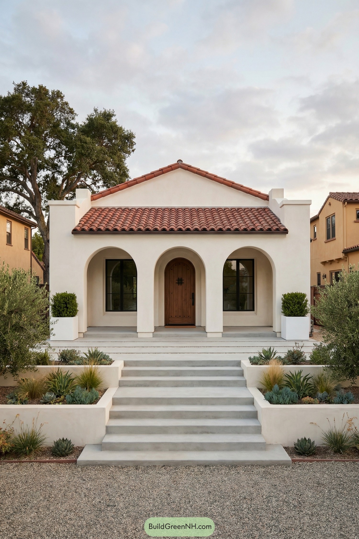 Single story white stucco Spanish house with red tile roof, triple front arches, broad entry steps, and drought tolerant landscaping