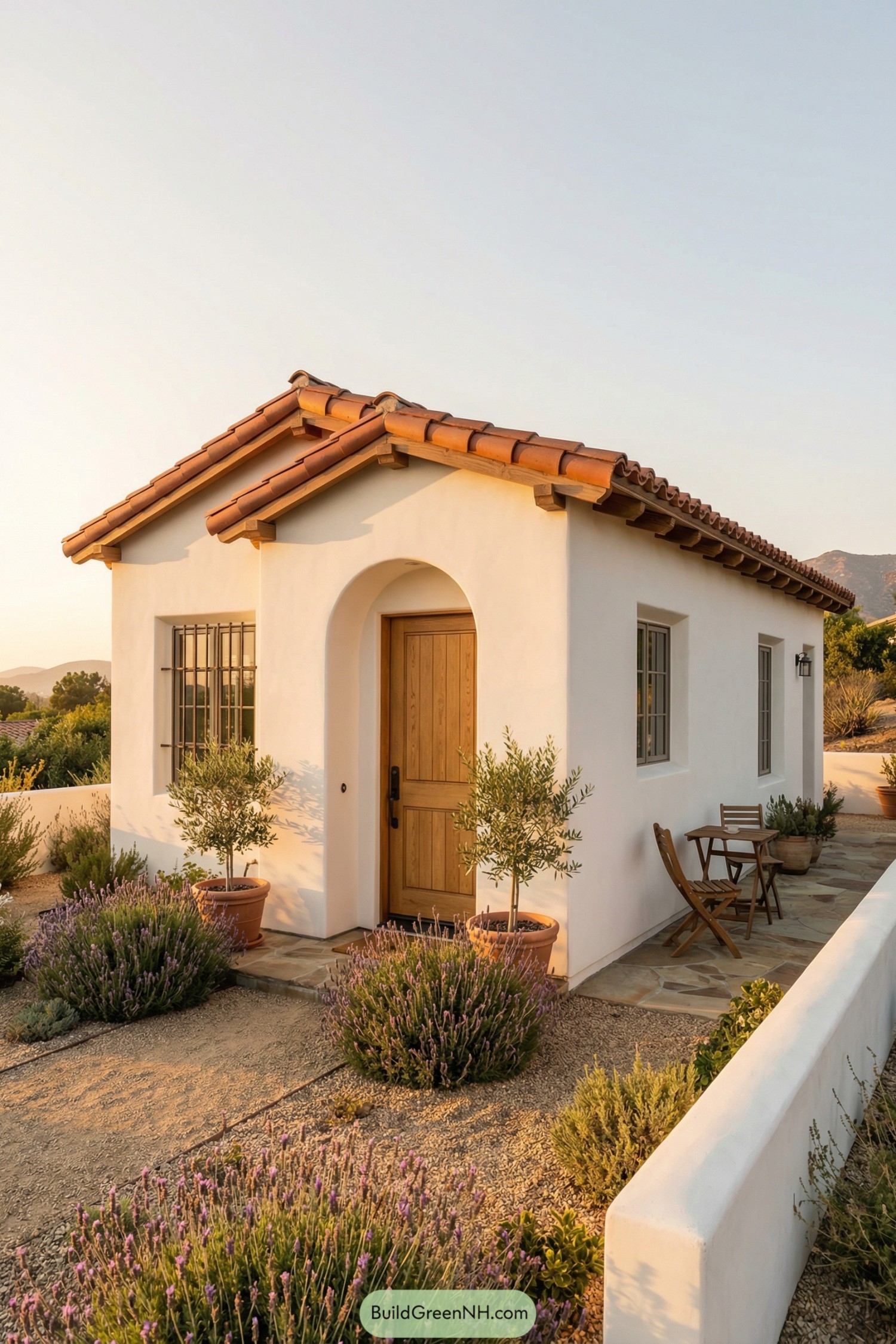 Compact white stucco Spanish cottage with clay tile roof, arched wood front door, and drought tolerant landscaping with lavender and potted olive trees