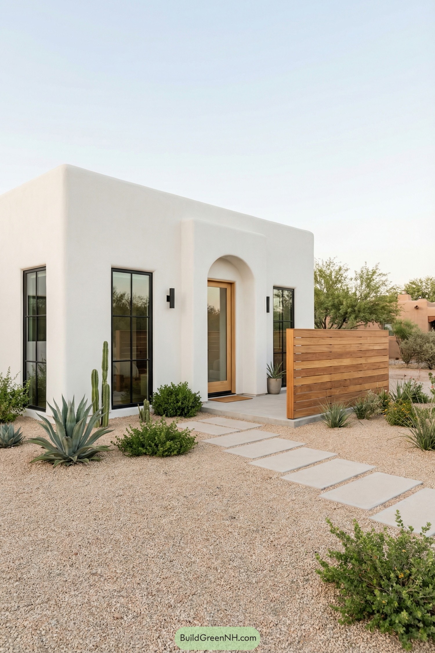 Compact white stucco Spanish house with black-framed windows, wood front door, and desert landscaping