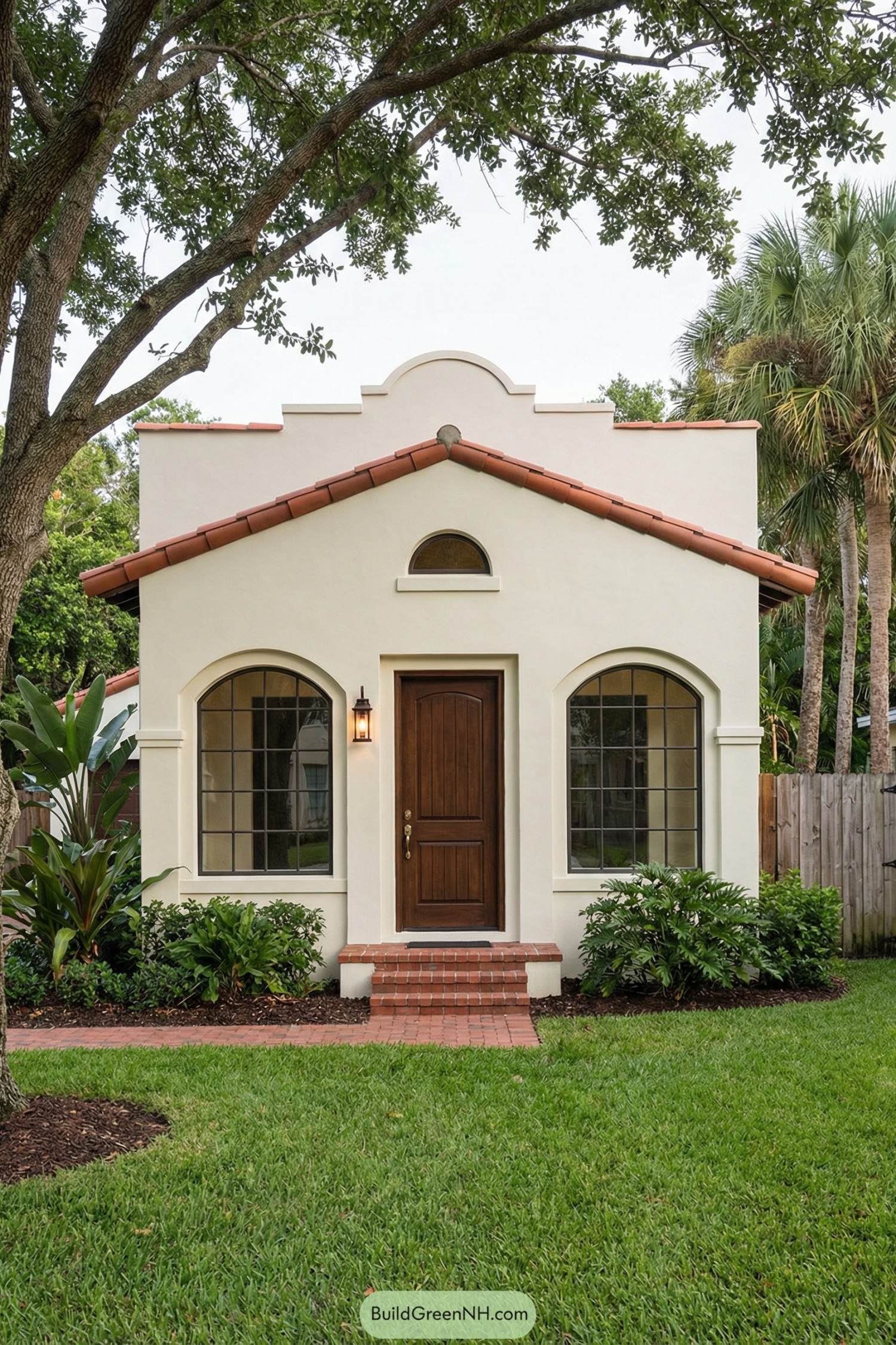 Compact cream stucco Spanish cottage with red tile roof, wood door, and lush front yard