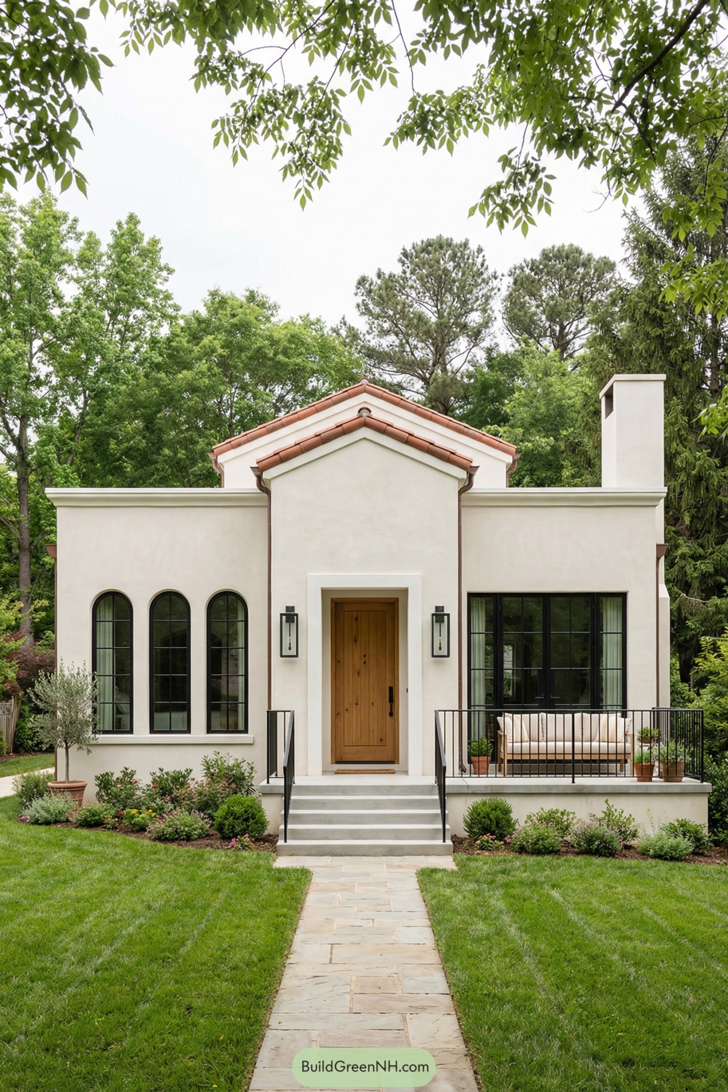 Creamy stucco Spanish cottage with terracotta roof and black framed windows