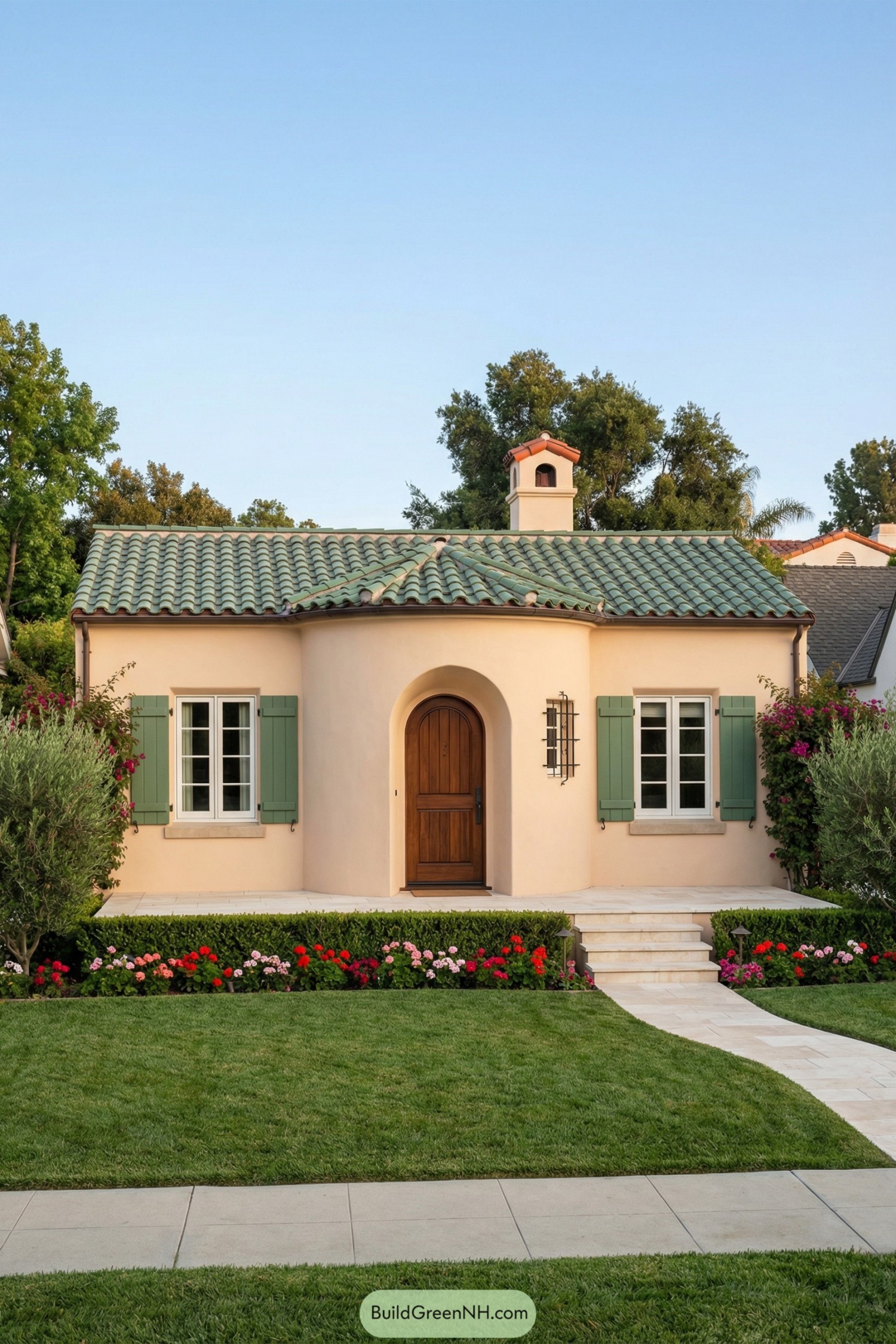 Small Spanish-style cottage with green tile roof, mint shutters, and arched wood front door