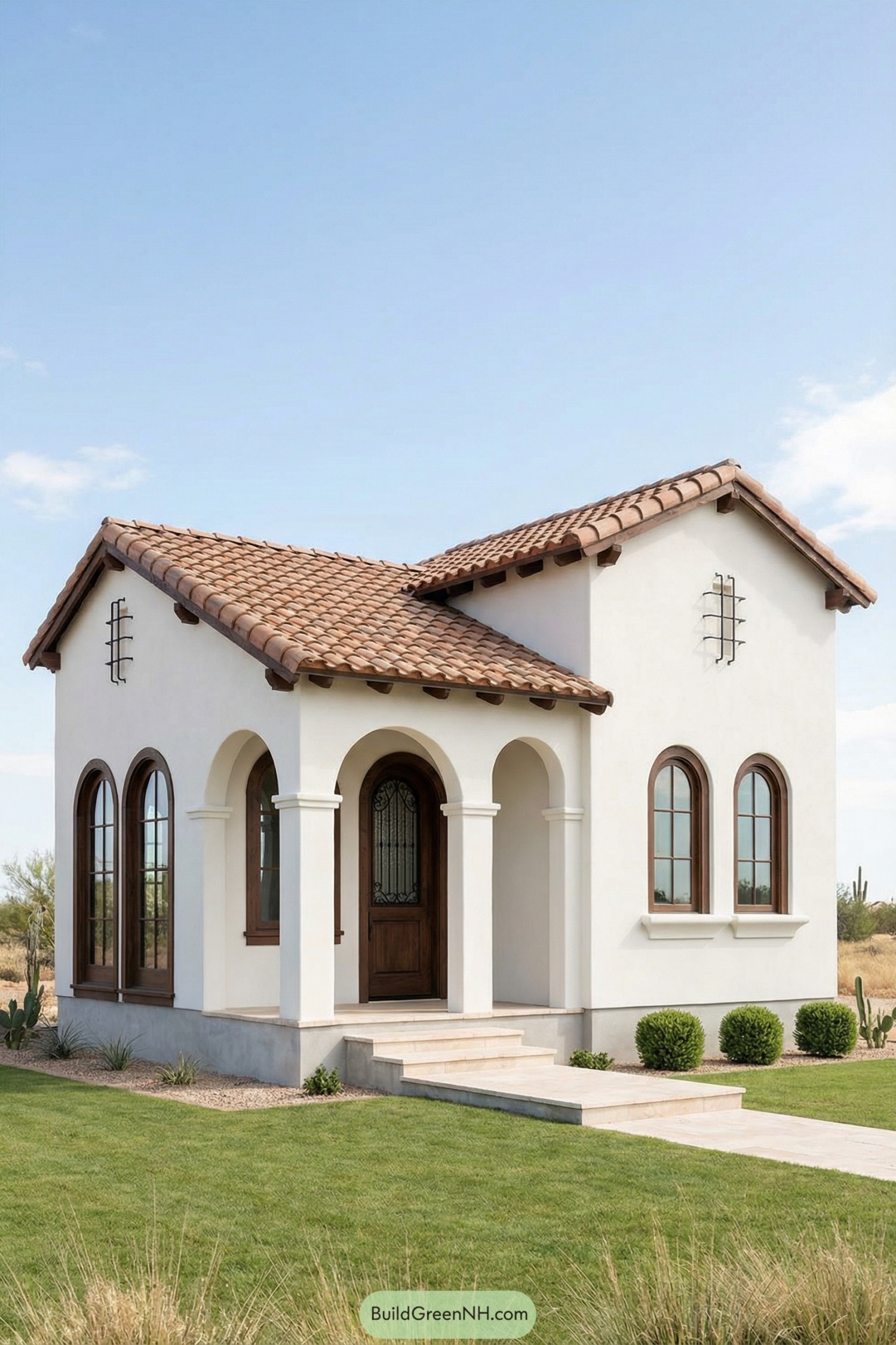Small white stucco Spanish house with arched porch and red tile roof