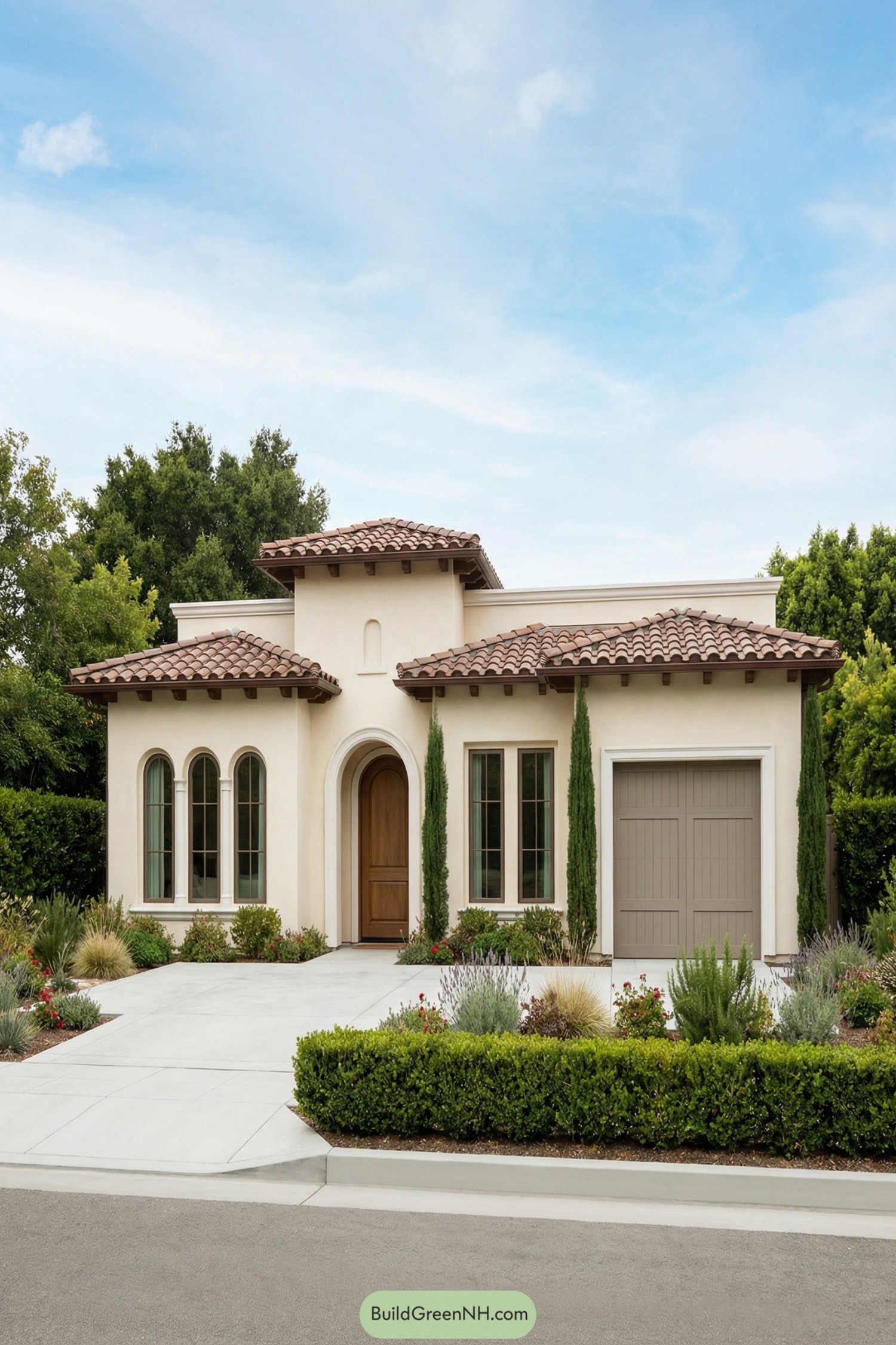 Compact Spanish style house with arched entry and tiled roof