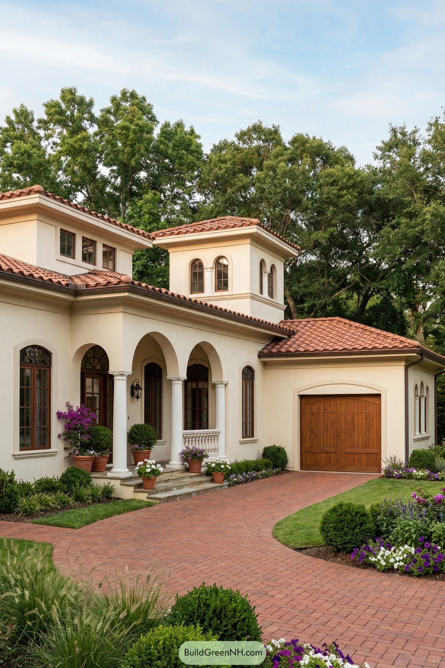 high-res photo of small spanish style house, warm cream stucco facade with soft shadows, symmetrical front elevation, central recessed porch framed by three tall stucco arches, paired white classical columns with simple capitals, low stucco balustrade, narrow vertical multi-pane windows with dark wood frames and decorative grilles, arched transoms on porch windows, square clerestory windows on upper tower, deep overhanging eaves with smooth fascia, compact L-shaped structure with attached single-story garage wing to the right and slightly taller main volume to the left, small central two-story tower element with paired arched windows, materials include smooth stucco walls, natural wood doors and window frames, terra-cotta barrel roof tiles, stone or concrete porch steps, applied trim bands and cornices in slightly lighter stucco tone, hipped roofs of varying heights with gentle slopes, main roof broken into several intersecting hips, garage with broad low-pitch hip roof, central wooden garage door with rich medium-brown stain, vertical plank pattern and shallow arched top frame, main entry door partially recessed behind arches, dark wood with glass panels, outdoor area featuring wide brick-paver driveway in warm red tones curving toward the garage, matching brick walkway leading to porch steps, several terracotta pots with green shrubs and flowers arranged along steps and porch, neatly edged planting beds flanking the driveway and front lawn, vibrant layered landscaping with low mounded shrubs, ornamental grasses, purple and white flowering plants, small rounded boxwood-like bushes placed rhythmically along borders, well-kept green lawn in front of the house, dense background of tall mature trees with slender trunks and full green canopies surrounding the property, soft blue sky with light clouds, overall scene calm and picturesque, single real-life photo, high-resolution, architectural photography, soft lighting, cinematic composition