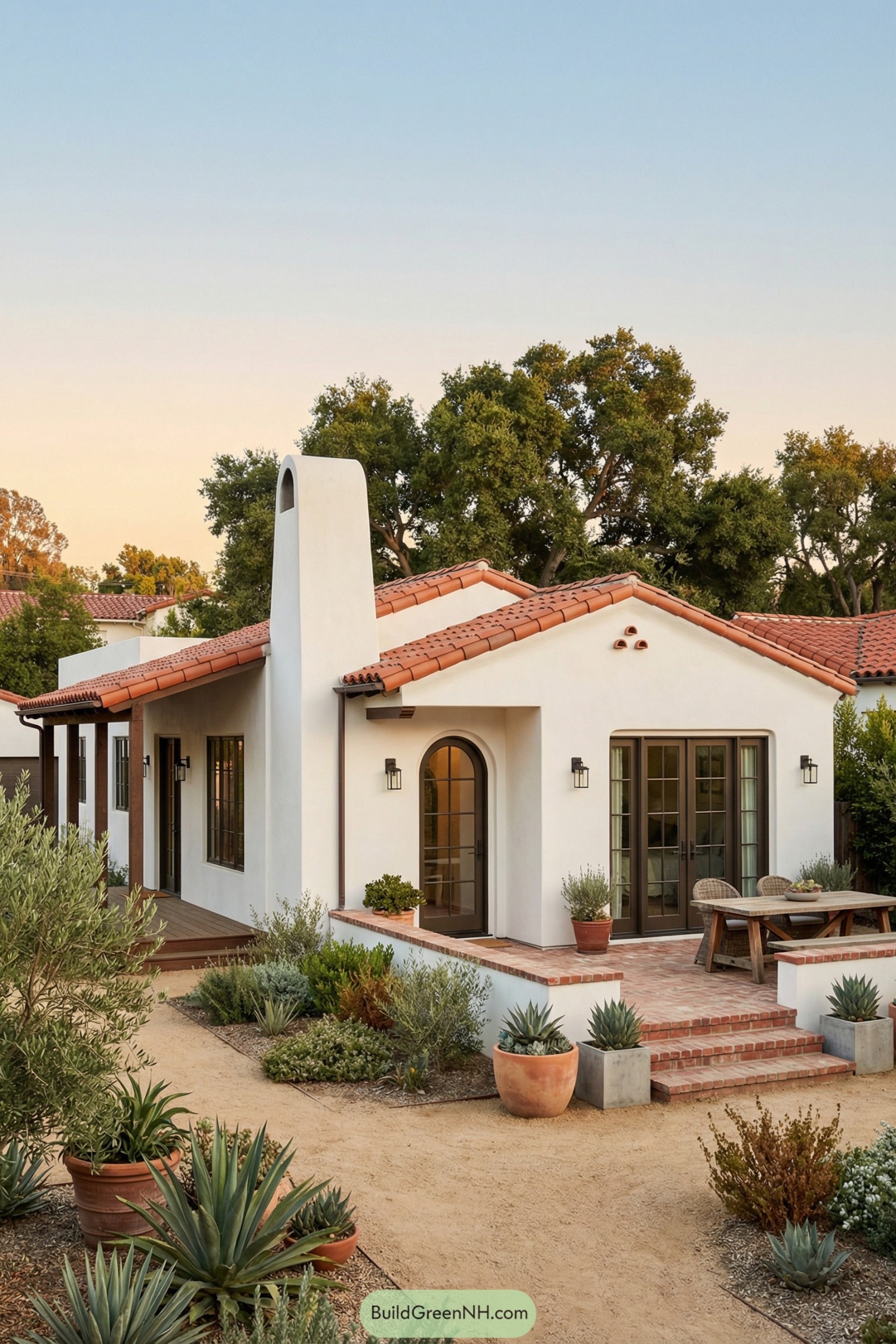 White stucco Spanish-style house with red tile roof, arched doorway, and desert landscaping around a brick patio