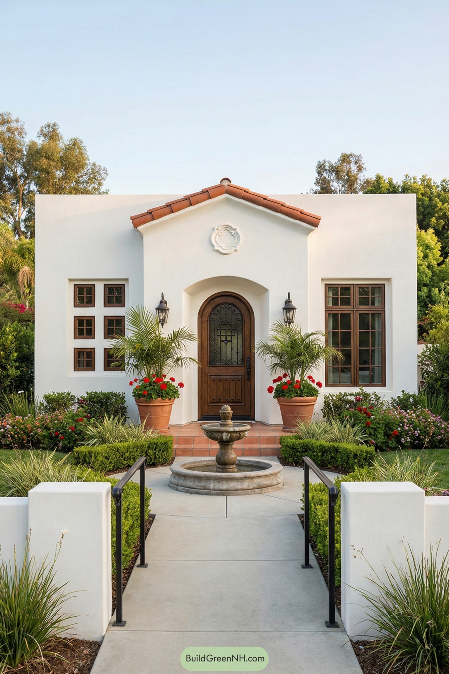 Small white stucco Spanish cottage with red tile roof, central fountain, and lush landscaped entry path