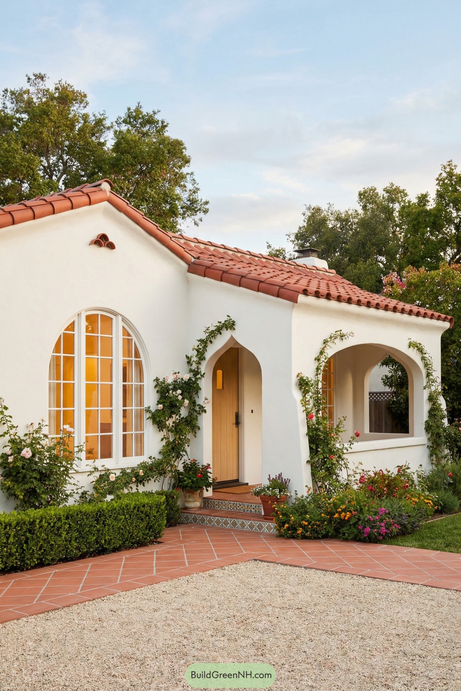 White stucco Spanish cottage with red tile roof, arched porch openings, tall arched window, and lush flowering landscaping along a terracotta walkway