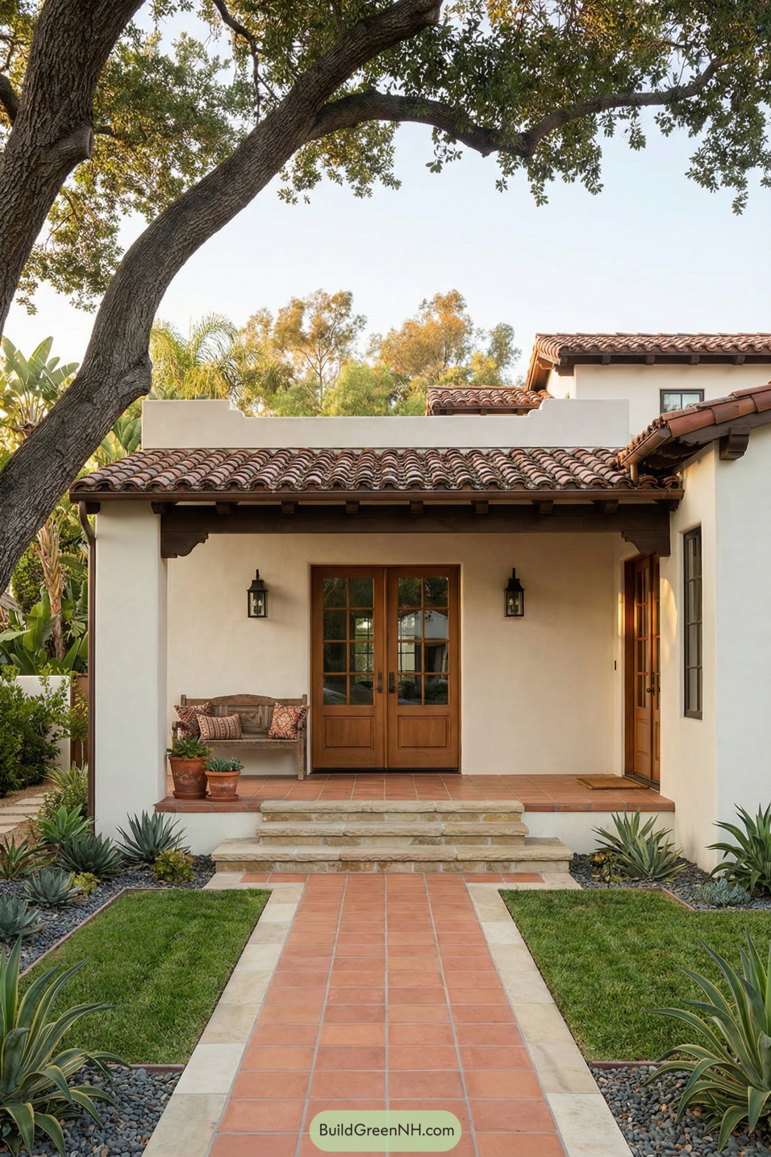 Small Spanish-style home with clay tile roof, stucco walls, wood doors, and terracotta walkway framed by drought-tolerant landscaping