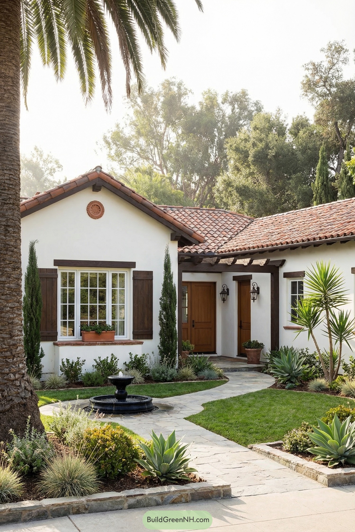 Small Spanish style house with red tile roof white stucco walls and lush front garden