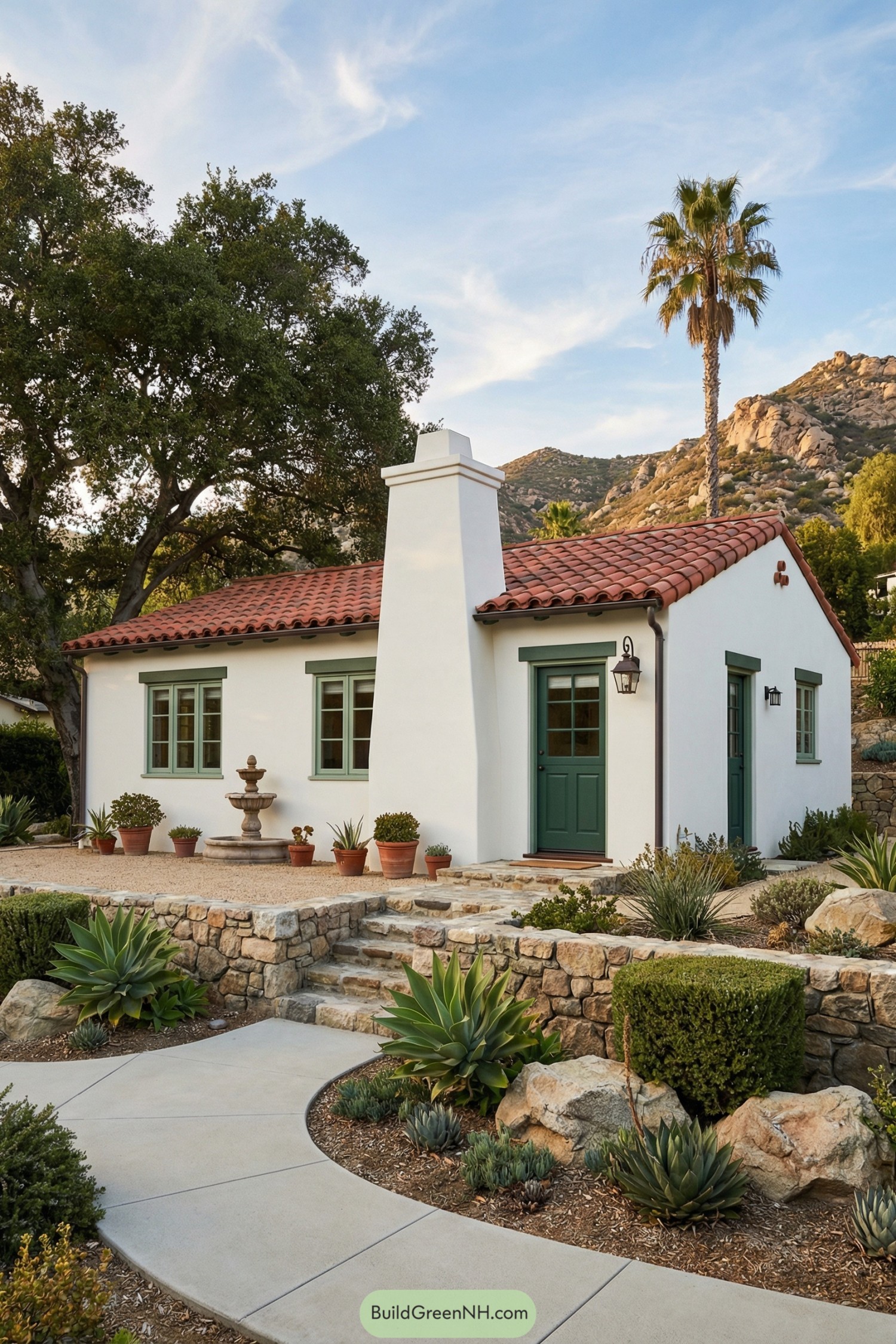 White stucco Spanish cottage with red tile roof and green trim surrounded by desert landscaping
