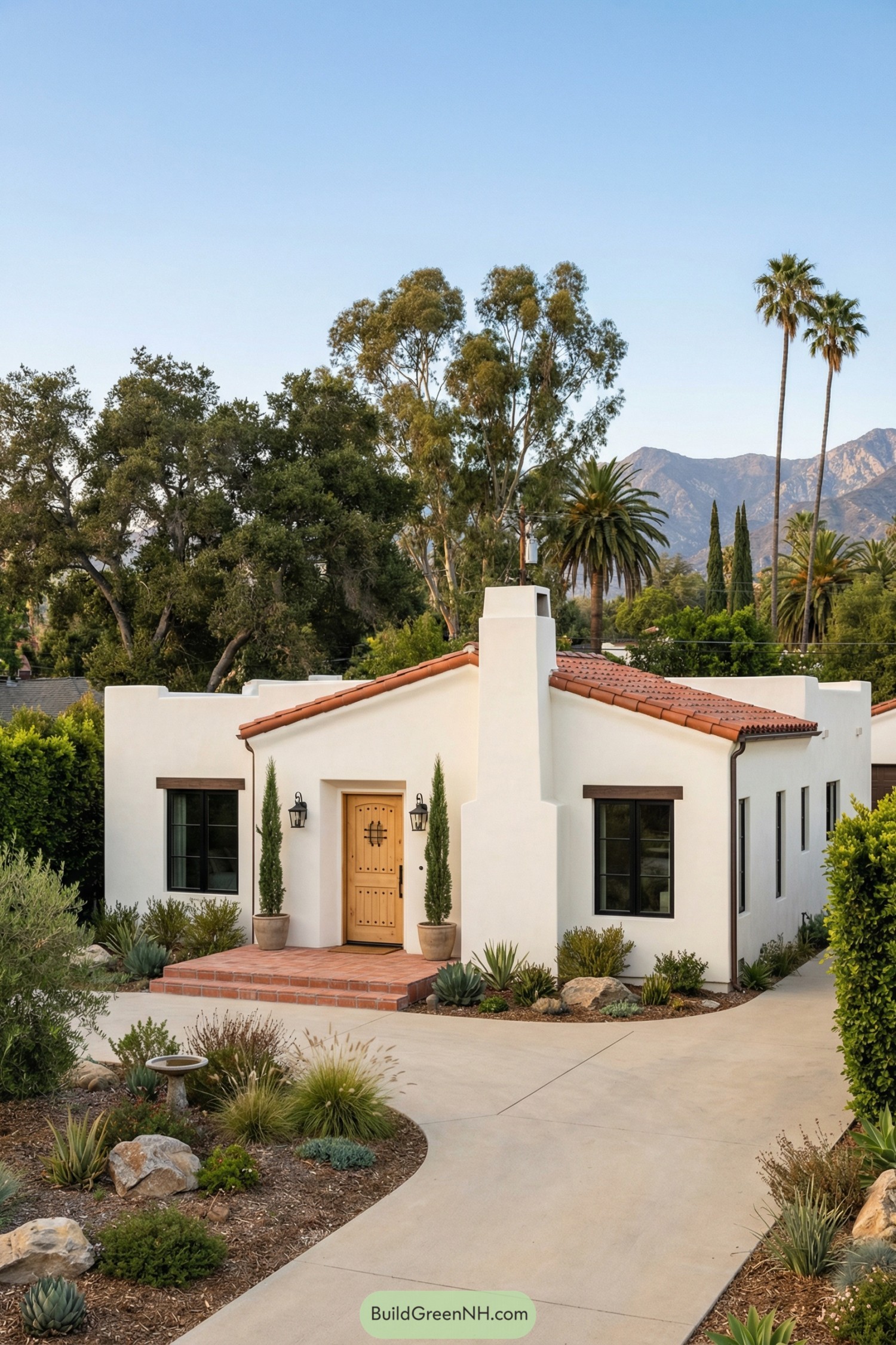 Small white stucco Spanish house with red tile roof and desert landscaping