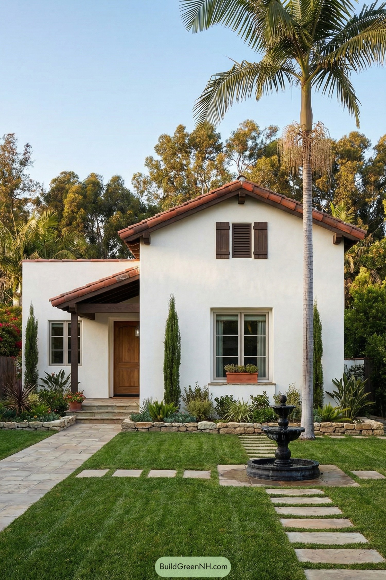 Compact white stucco Spanish house with red tile roof, wood accents, lush lawn, and a small front fountain