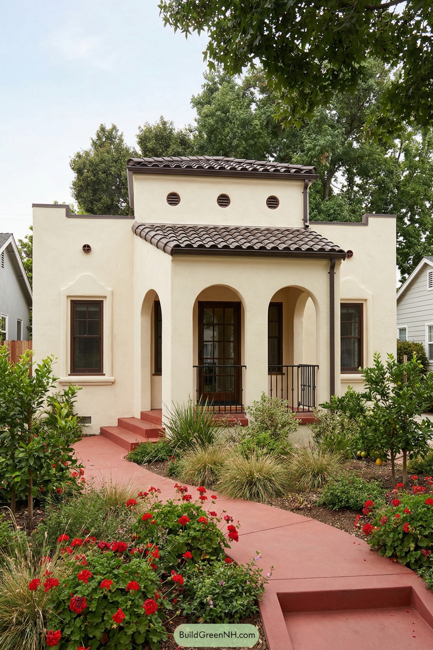 Cream stucco Spanish bungalow with arched porch, tiled roof, and red garden walkway framed by lush plantings