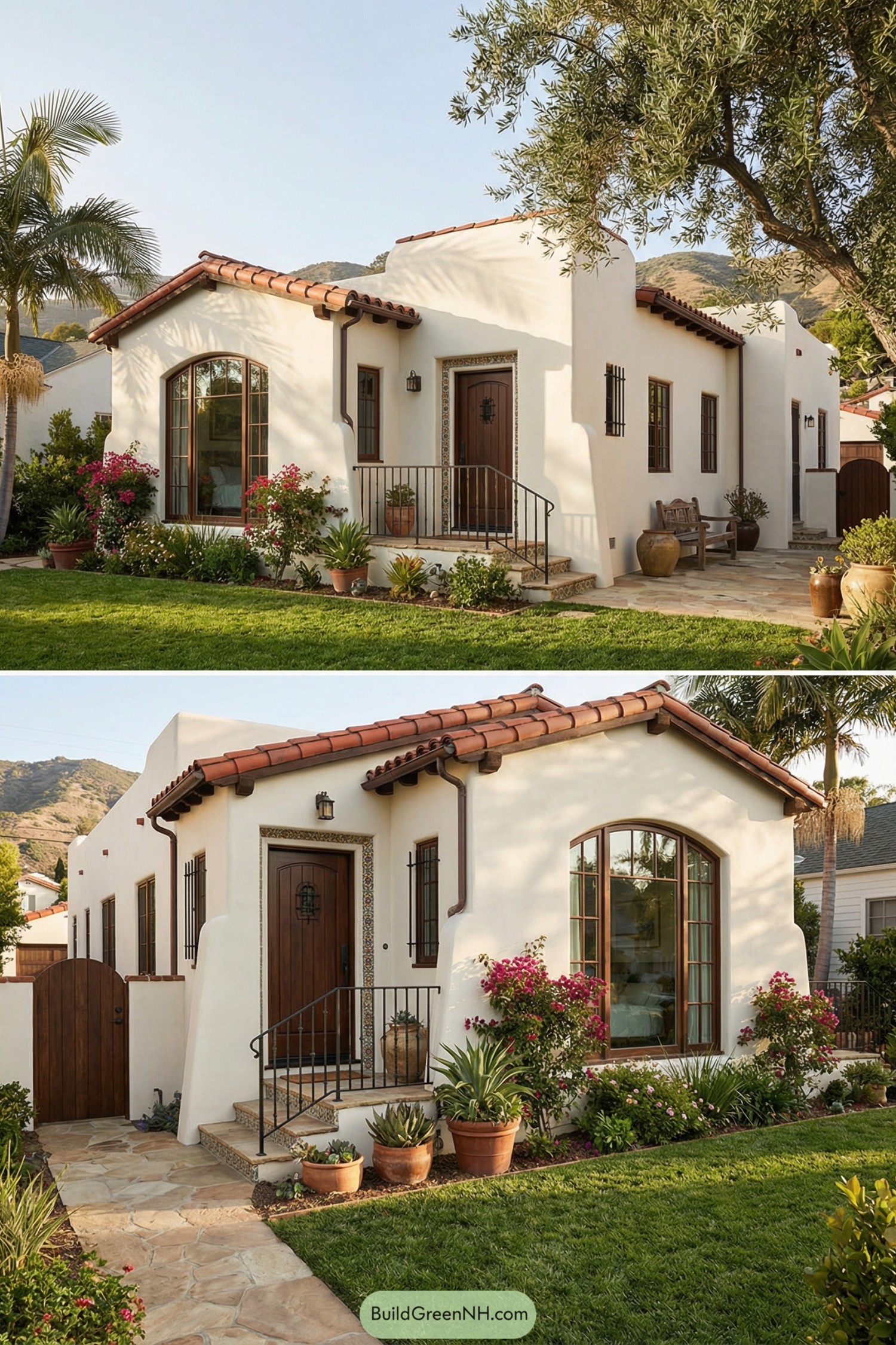 White stucco Spanish bungalow with red tile roof, arched windows, and lush front garden