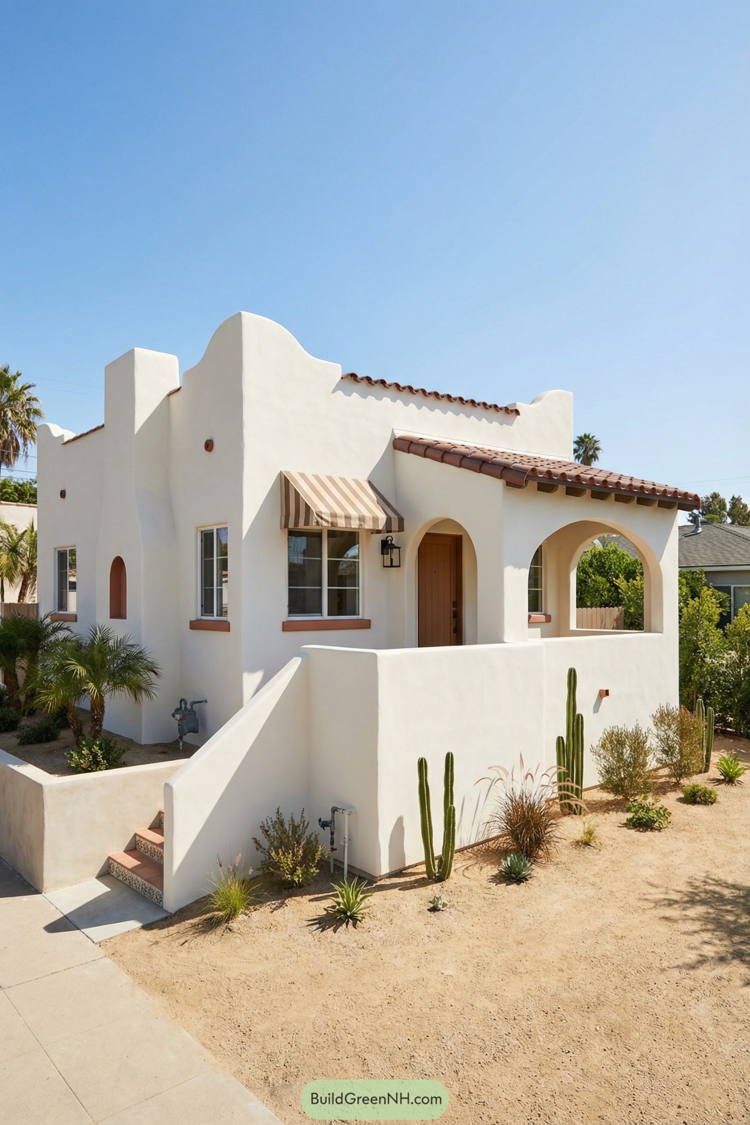 Compact white stucco Spanish bungalow with arched porch, red tile roof, and desert landscaping featuring cacti and small shrubs