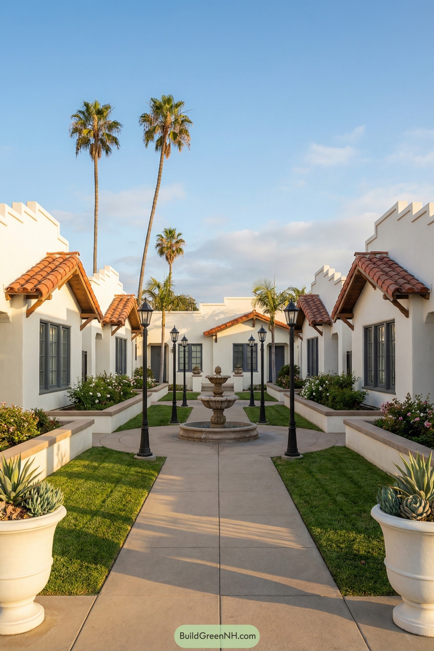 Symmetrical Spanish courtyard with white stucco bungalows, red tile roofs, central fountain, and palm trees
