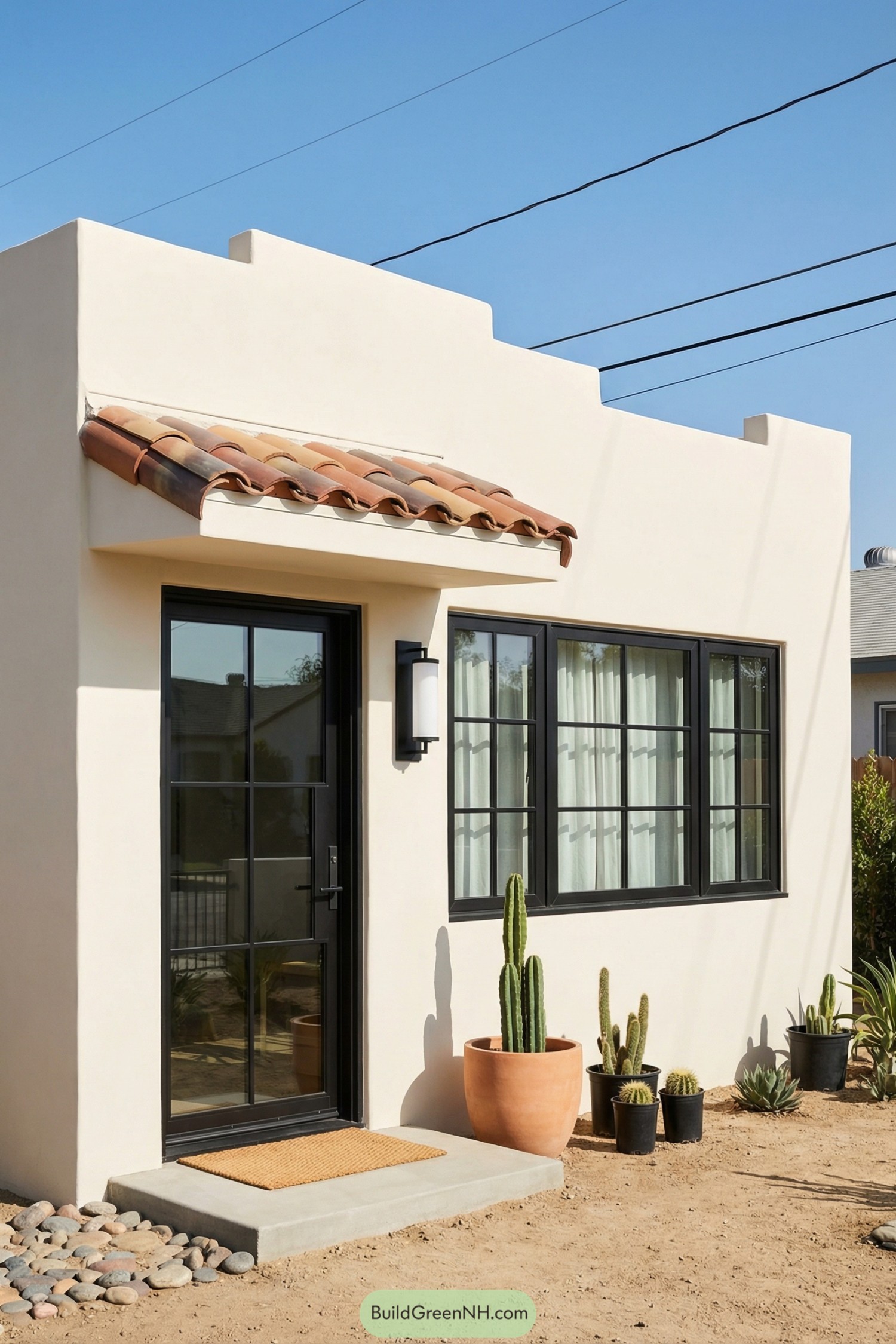 Compact cream stucco Spanish bungalow with black-framed door and windows, terracotta tile awning, and potted cacti at the entry