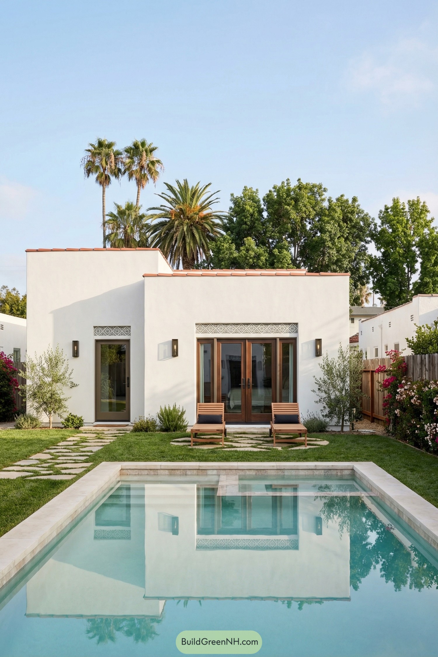 White stucco Spanish style bungalow with wood doors opening to a grassy yard and rectangular pool framed by palms and flowering shrubs